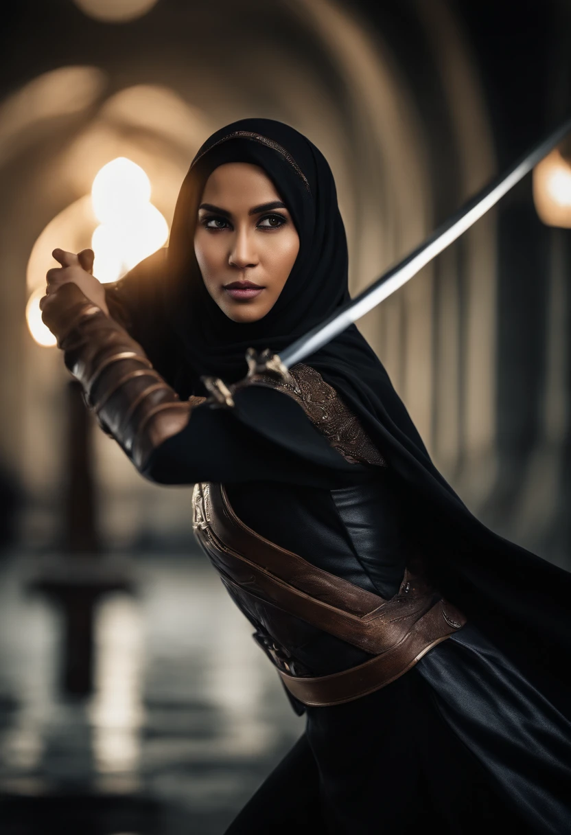 Compose a striking photography artwork featuring a Malay girl in hijab dressed as a superhero, wielding a blade as her weapon, caught in an intense and dynamic fighting action pose. Utilize dramatic lighting and high-speed photography techniques to freeze the action and highlight the details of her costume and blade. Incorporate a backdrop that conveys the urgency of the battle, with elements that enhance the heroic ambiance. Capture the strength and determination in her expression, emphasizing the empowerment and courage of this modern-day superheroine