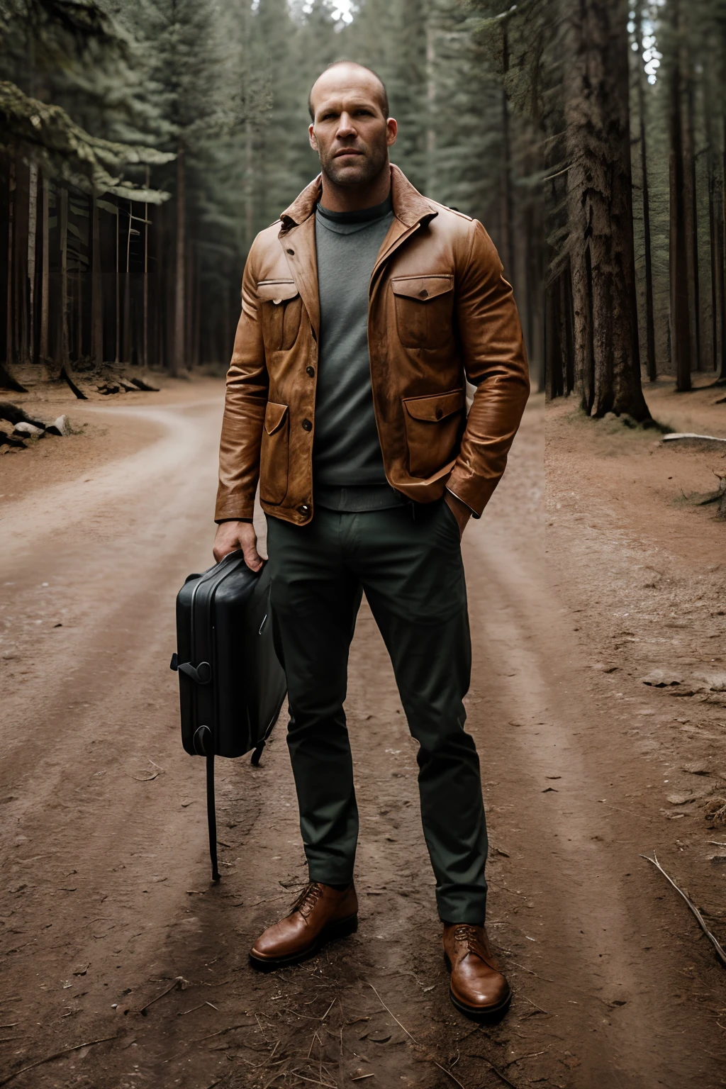 RAW photo, a portrait photo of jason statham, traveler clothes, standing in the forest, natural skin, 8k uhd, high quality, film grain, Fujifilm XT3