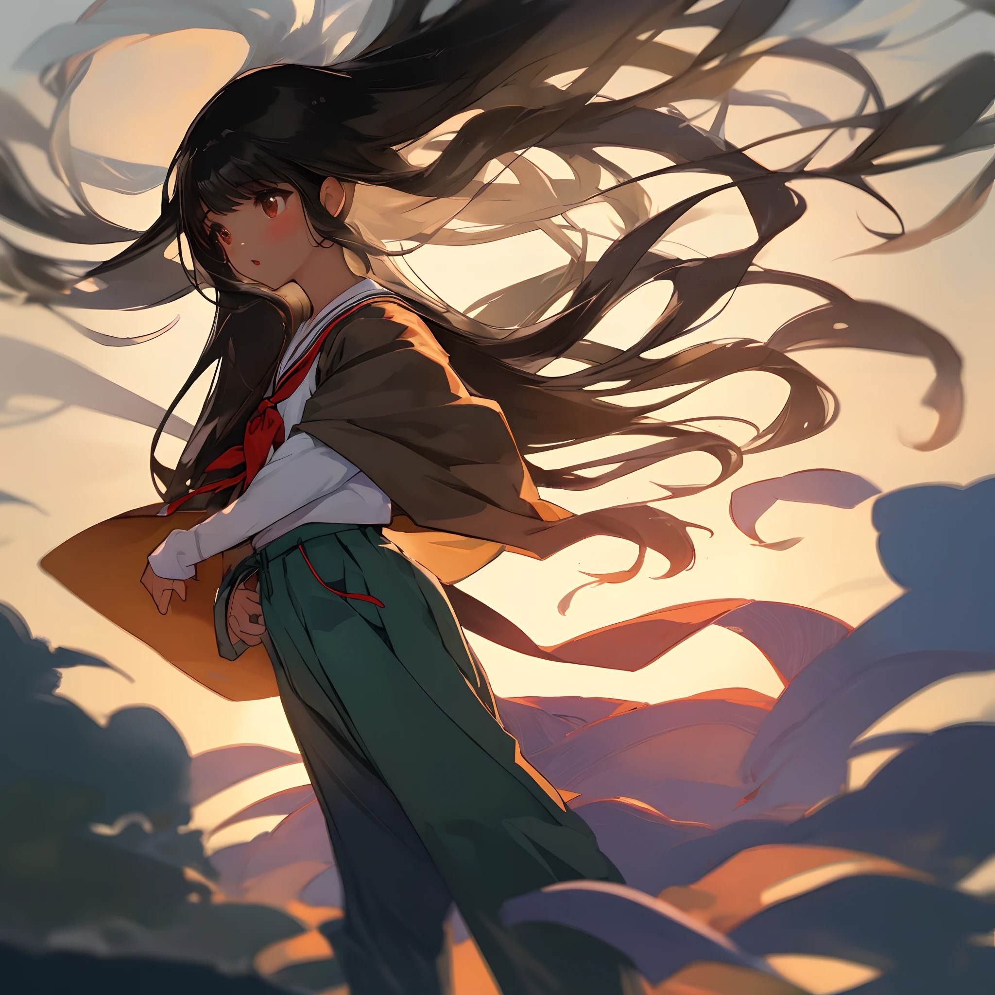 Long black hair、Super beauty、Japan school uniform、light skinned、Pants are visible