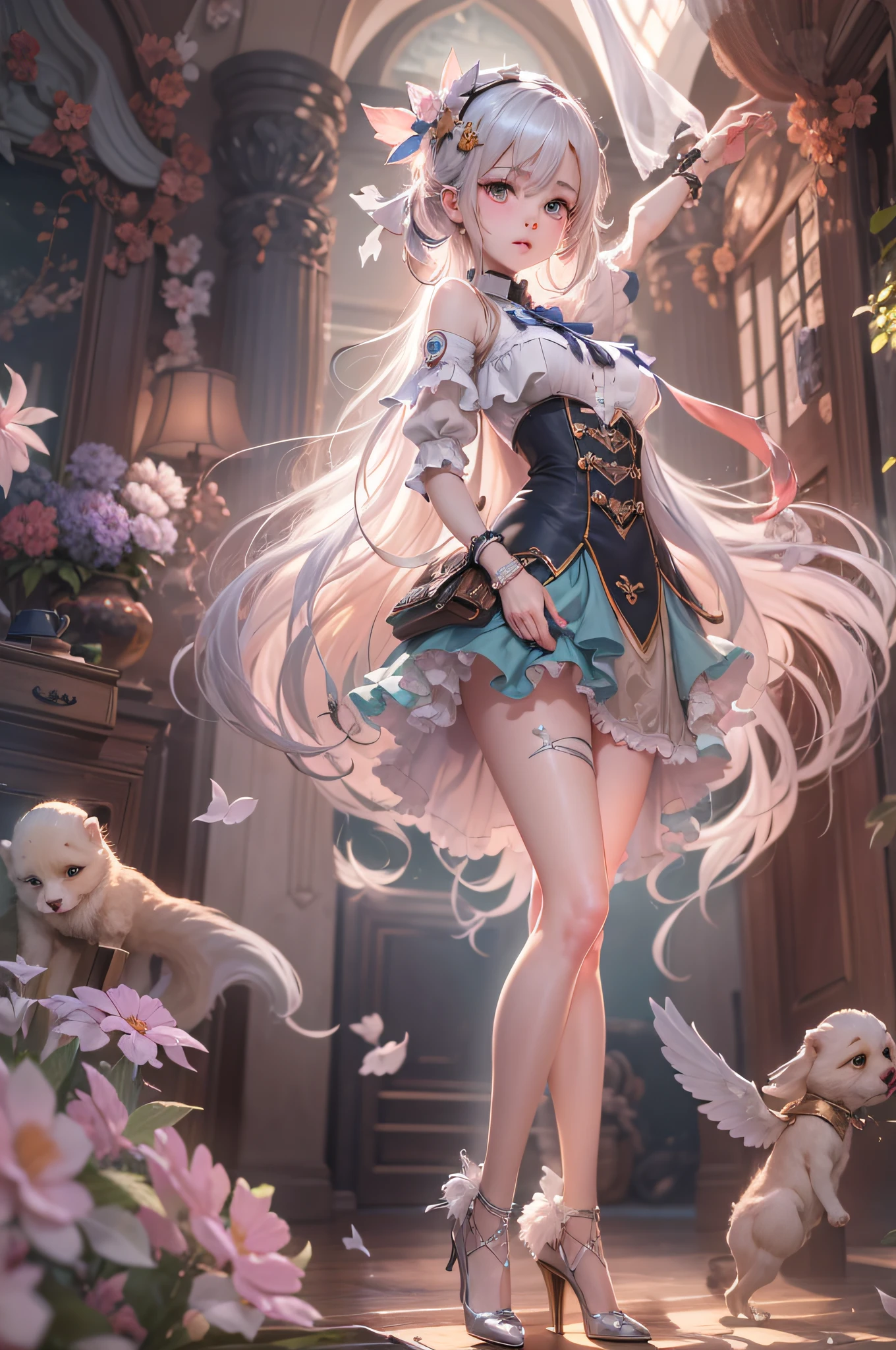 1 girl with the appearance of a ，Age 18 years，standing on your feet，Wear JK clothing，Charming looking，Feminized facial features，Straight hair，A calm posture，Porcelain-like skin，Subtle blush，a white wall，Characters shrink，fully body photo，Wear high heels（（（tmasterpiece），（Very detailed CG unity 8K wallpaper），best qualtiy，，独奏，1girll，cinmatic lighting，detailed back ground，，ultra - detailed，tmasterpiece，）），ultra - detailed，offcial art，统一 8k 壁纸，2.5D thick coating，