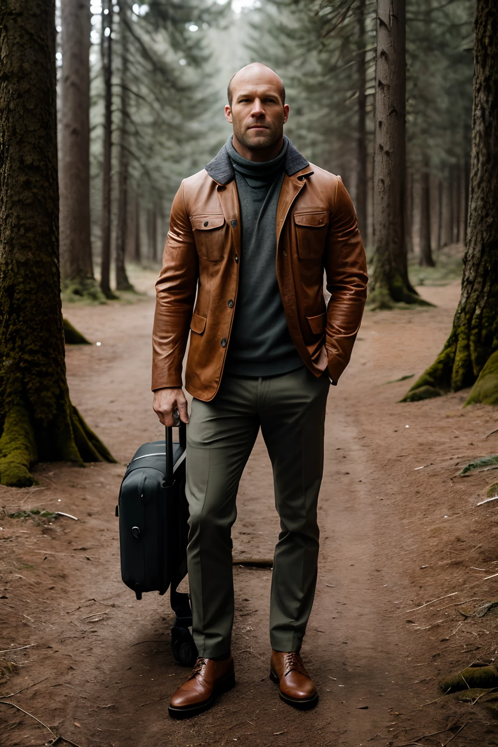 RAW photo, a portrait photo of jason statham, traveler clothes, standing in the forest, natural skin, 8k uhd, high quality, film grain, Fujifilm XT3