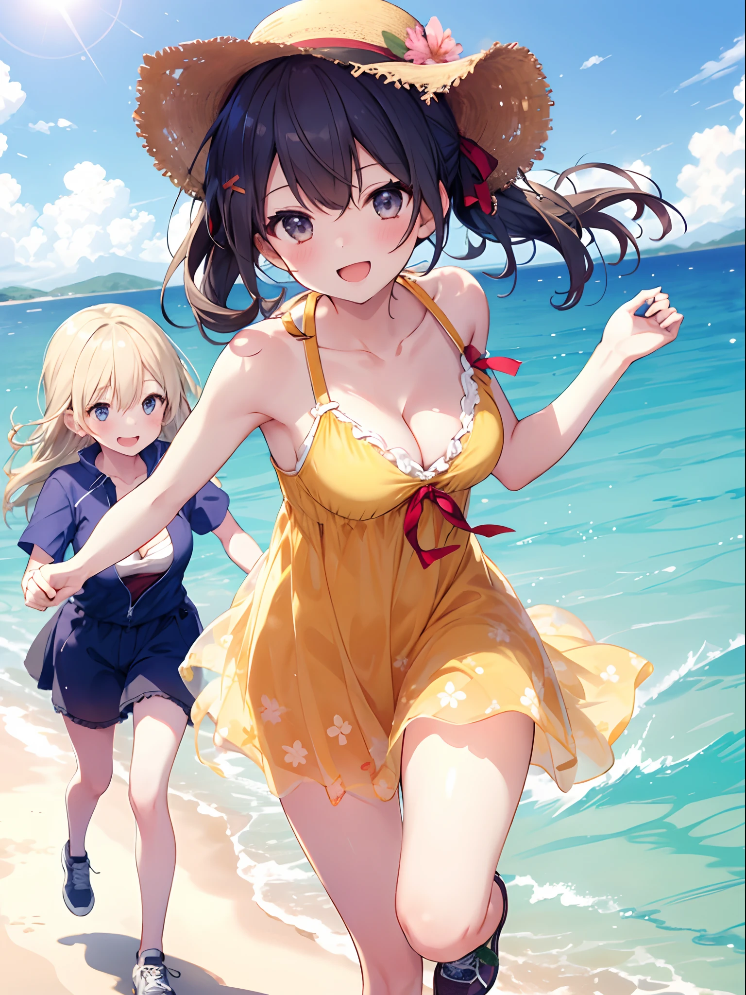 2girls, running each other, sundress, outdoor, summer, joyful smile, one girl running from behind, cleavage