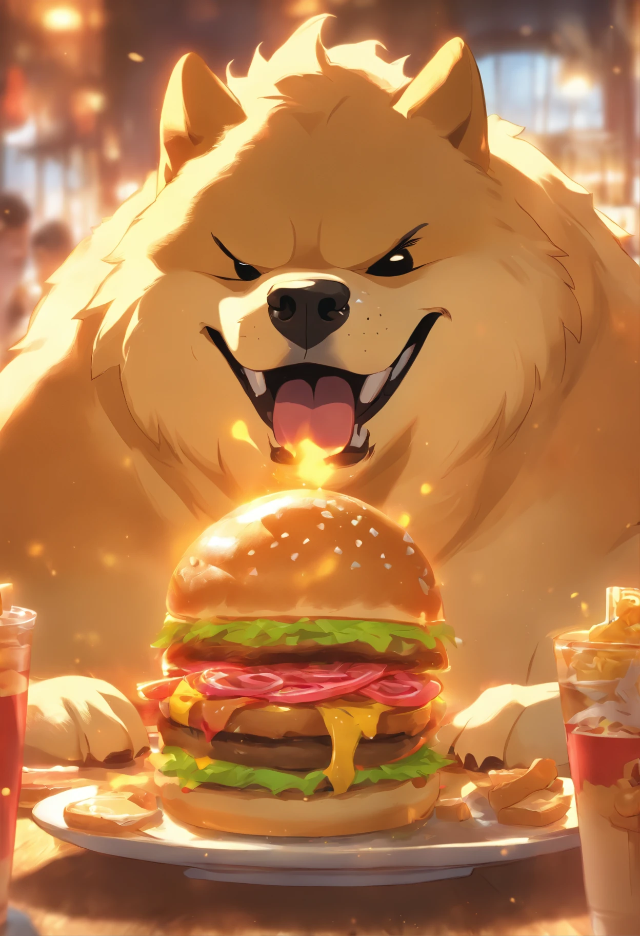 A professional photo, Yellow-white Akita Inu, Grinning, In the restaurant, Holding a large burger in both hands, Cinematic dramatic light, Smooth transition, Bokeh