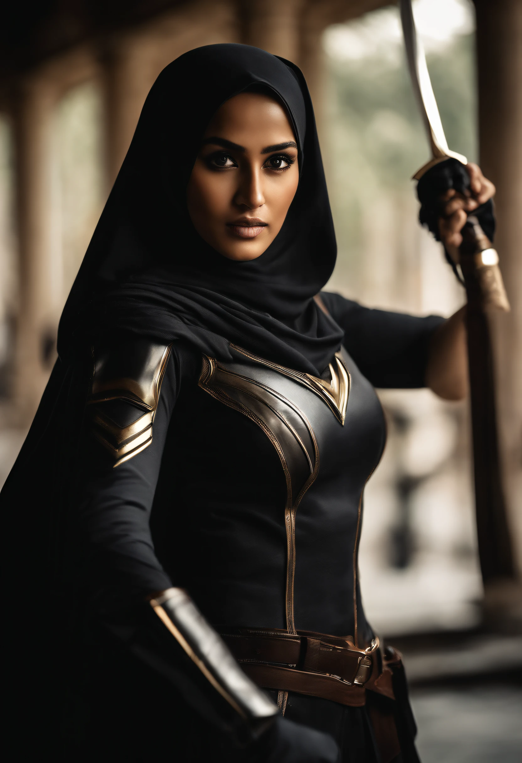 Compose a striking photography artwork featuring a Malay girl in hijab dressed as a superhero, wielding a blade as her weapon, caught in an intense and dynamic fighting action pose. Utilize dramatic lighting and high-speed photography techniques to freeze the action and highlight the details of her costume and blade. Incorporate a backdrop that conveys the urgency of the battle, with elements that enhance the heroic ambiance. Capture the strength and determination in her expression, emphasizing the empowerment and courage of this modern-day superheroine