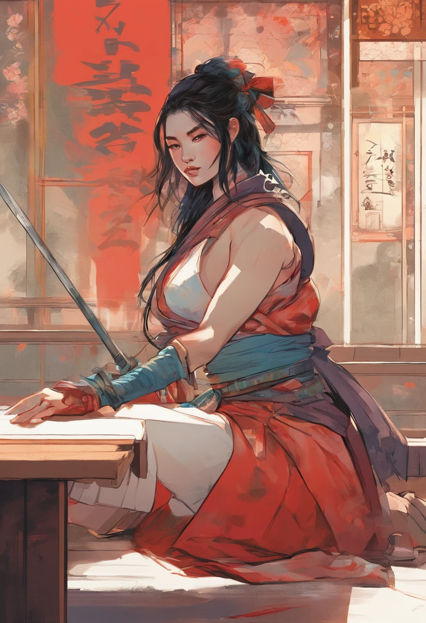 Il y a une femme assise sur un banc tenant un katana, Artwork in the style of Guweiz, Geisha , Samurai in a Post-Apocalyptic Universe