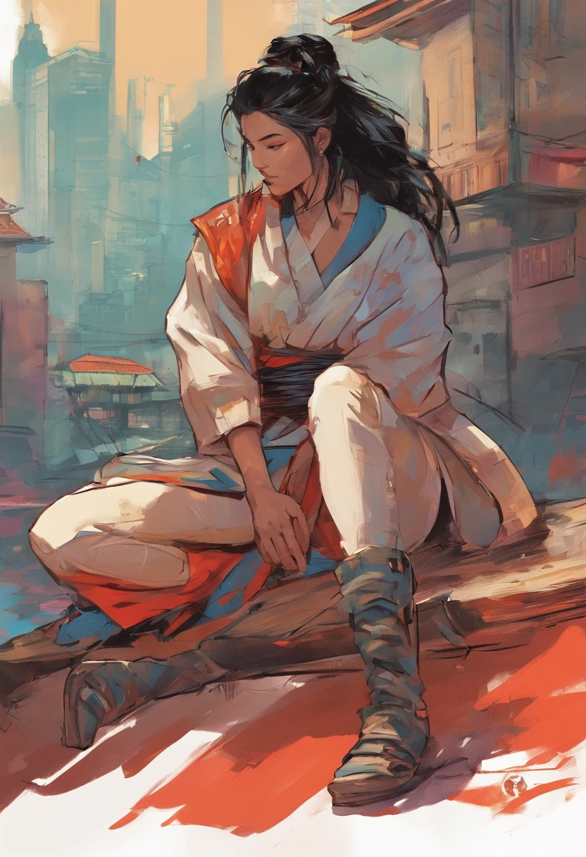 Il y a une femme assise sur un banc tenant un katana, Artwork in the style of Guweiz, Geisha , Samurai in a Post-Apocalyptic Universe