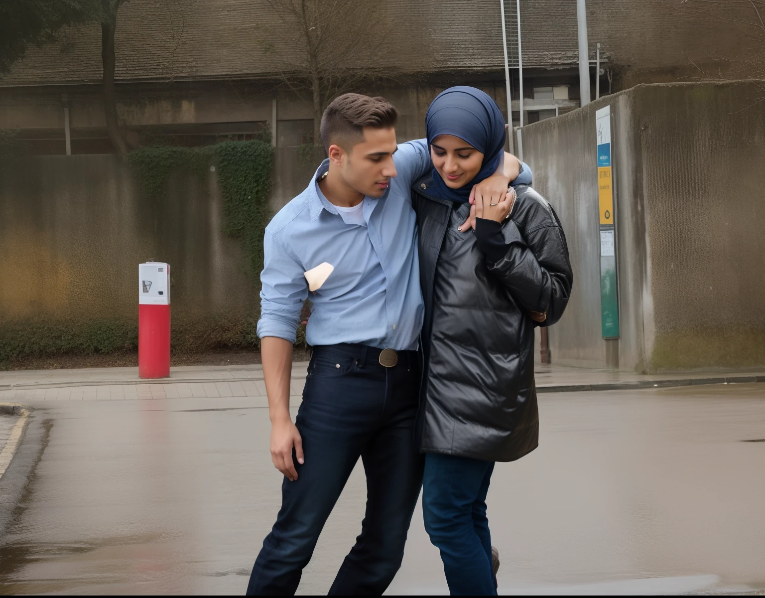 he is wearing rough cotton jeans, he has matte cotton jeans on, there is a love couple standing in love on the street, a muslim woman in a laquered puffy coat, a muslim woman with a shiny headscarf and a laquered downcoat, they are standing very close together, she looks at him in love, his hand is lying on her shoulder, arm-in-arm, she has her hand around his waist, she is wearing shiny leather pants, she is grabbing his waist, a shorthaired man in a matte tanktop and rough jeans, a shorthaired blond man in rough jeans, a muslim woman in shiny leather pants, a shorthaired blond man in a matte tanktop, a hijabi woman with a very enamored facial expression, a muslim woman in a high shine black down-coat, they are standing arm-in-arm, there is a headscarfed attractive woman wearing a high-shine down-coat, a wetlook puffer-coat, a muslim woman is dreaming with an enamored facial expression, a muslim woman is holding her shorthaired loverboy, there is a boy in rough jeans and a matte tanktop hugging a headscarfed woman that is wearing a very shiny padded laquered coat, a shorthaired blond boy has an enamored facial expression, there is a muslim woman hugging her shorthaired loverboy, a enamored blond and shorthaired boy is standing very close together with a woman with hijab, he grabs her shoulder, he has his arm around her shoulder, his hand is on her shouder, a enamored looking hijabi woman ia carrying her loverboy, masterpiece, jeans, boy in a matte cotton tanktop, super detailed background, detailed face, brown eyes, enamored expressions, love scene, loving pose, enamored pose, dramatic pose, hands detailed hands, fingers:5, they are walking in the street together in the rain