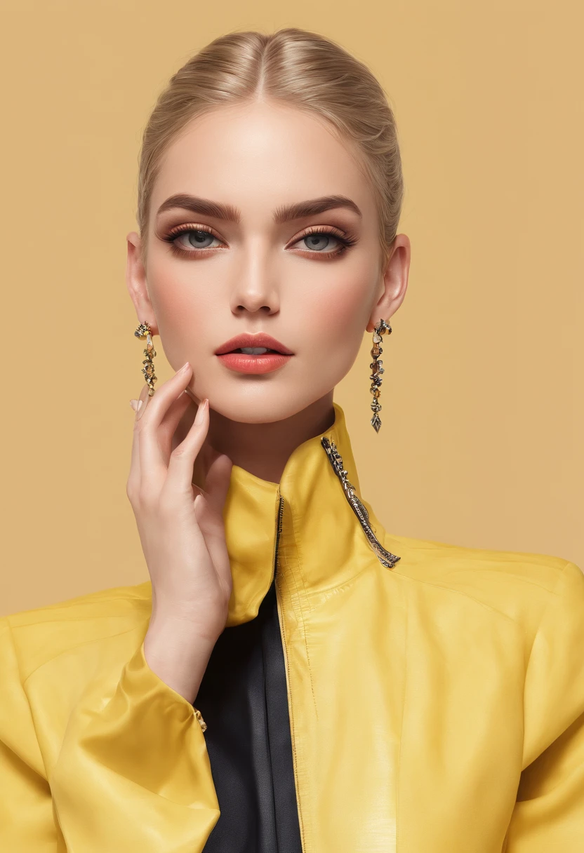 a woman in a yellow jacket and earrings, in style of digital illustration, digital art of an elegant, drawing style, luxury fashion illustration, beautiful yellow woman, illustration style, cartoon style illustration, detailed fashion illustration, trending on artstration, beautiful drawing style, glossy digital painting, digital drawing, detailed woman, stunning art style