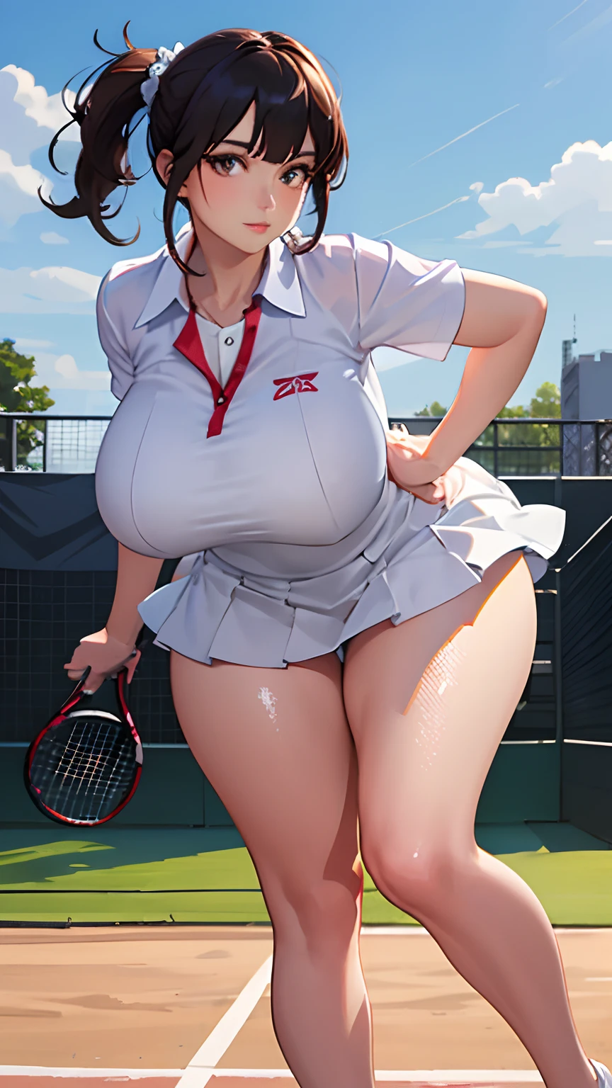 2girl huge large breasts, 独奏, White polo shirt, White sneakers, tennis wear, white mini-skirt, masterpaintings, the best quality, pphotorealistic, Ultra-detailded, (shiny skins, perspired:1.4), Preposterous, looking at the spectator, with short black hair, brown-eyed,Slender,Dynamic light and shadow,high resolucion,Sharp focus,depth of view,The eyes are delicate,Sharp pupils,pupil realistic,(massive boobs),(thick-thighs:1.0),plein-air,skies realistic