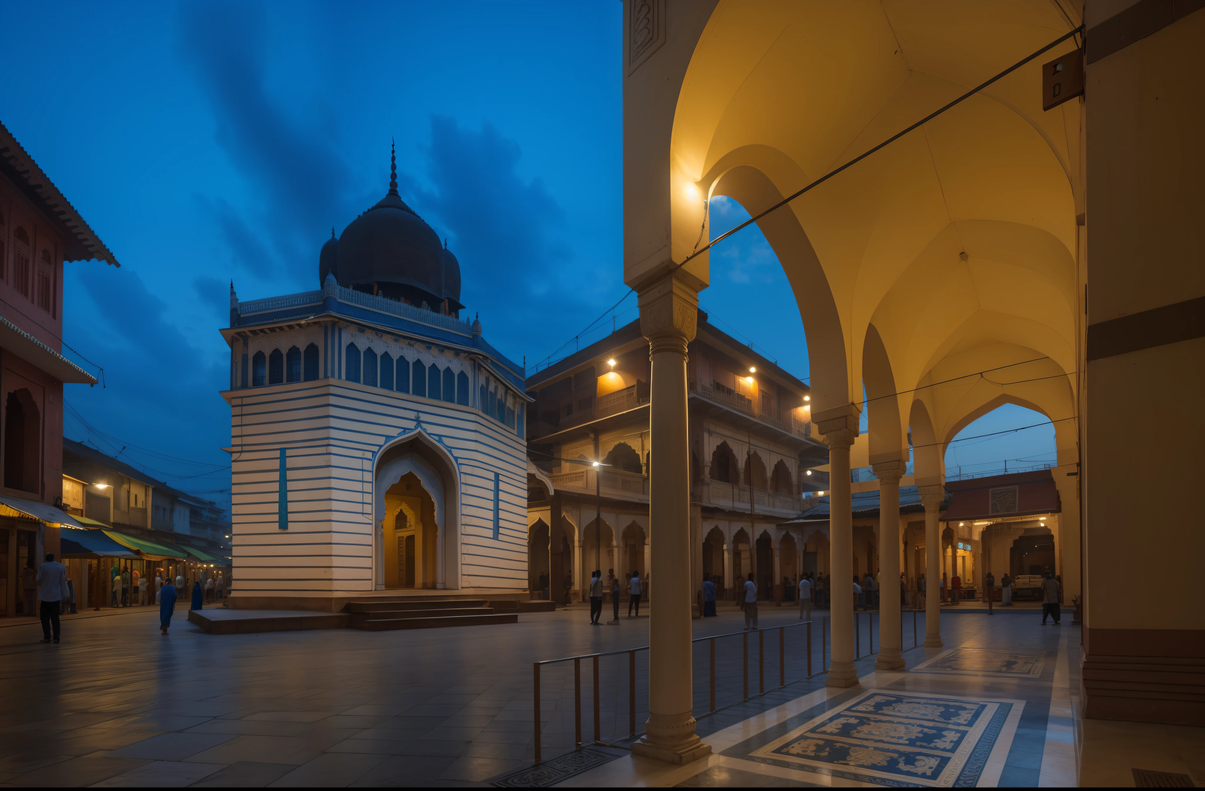 a very detailed photography of a city square in India from a white arcade at evening, a white hindu temple is on the other side of the square, intricate detail, indian market in the arcade, hyperrealistic