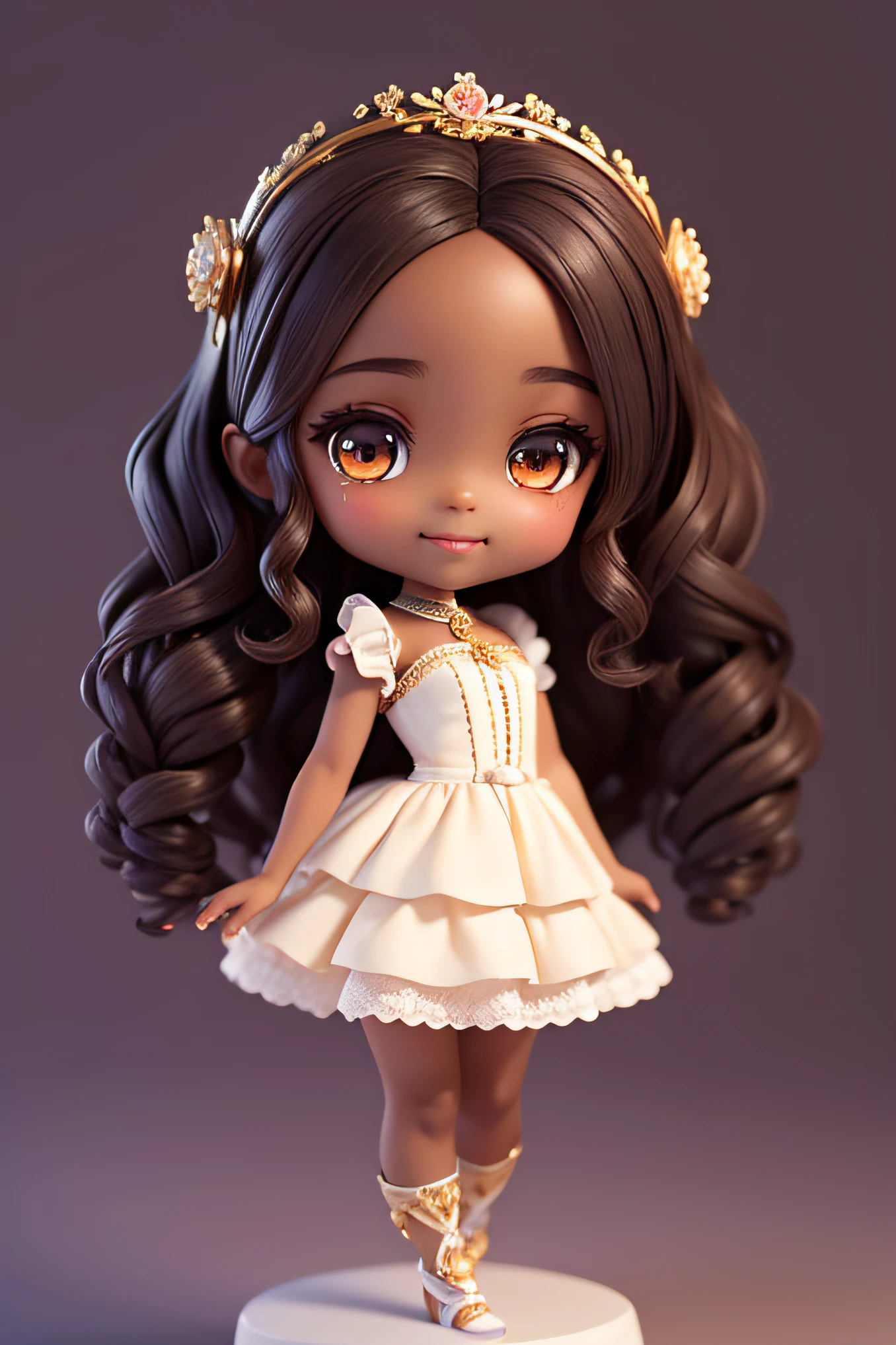 chibi 1 African children dark brown skin:5, cute smile, sitting ((full body))) "various emotions" realistic shadows, sparkling eyes, detailed skin, slightly shiny greenish brown eyes, pose for photo, long curly black hair, flowers in hair, rapunzel style, very detailed, highly detailed 8k face, perfect face shape, perfect full lips, perfect nose, beautiful and correct eyes, observant, wedding dress: 3.45, hair flowers, masterpiece , best quality, single, jeans, alone, advanced chibi