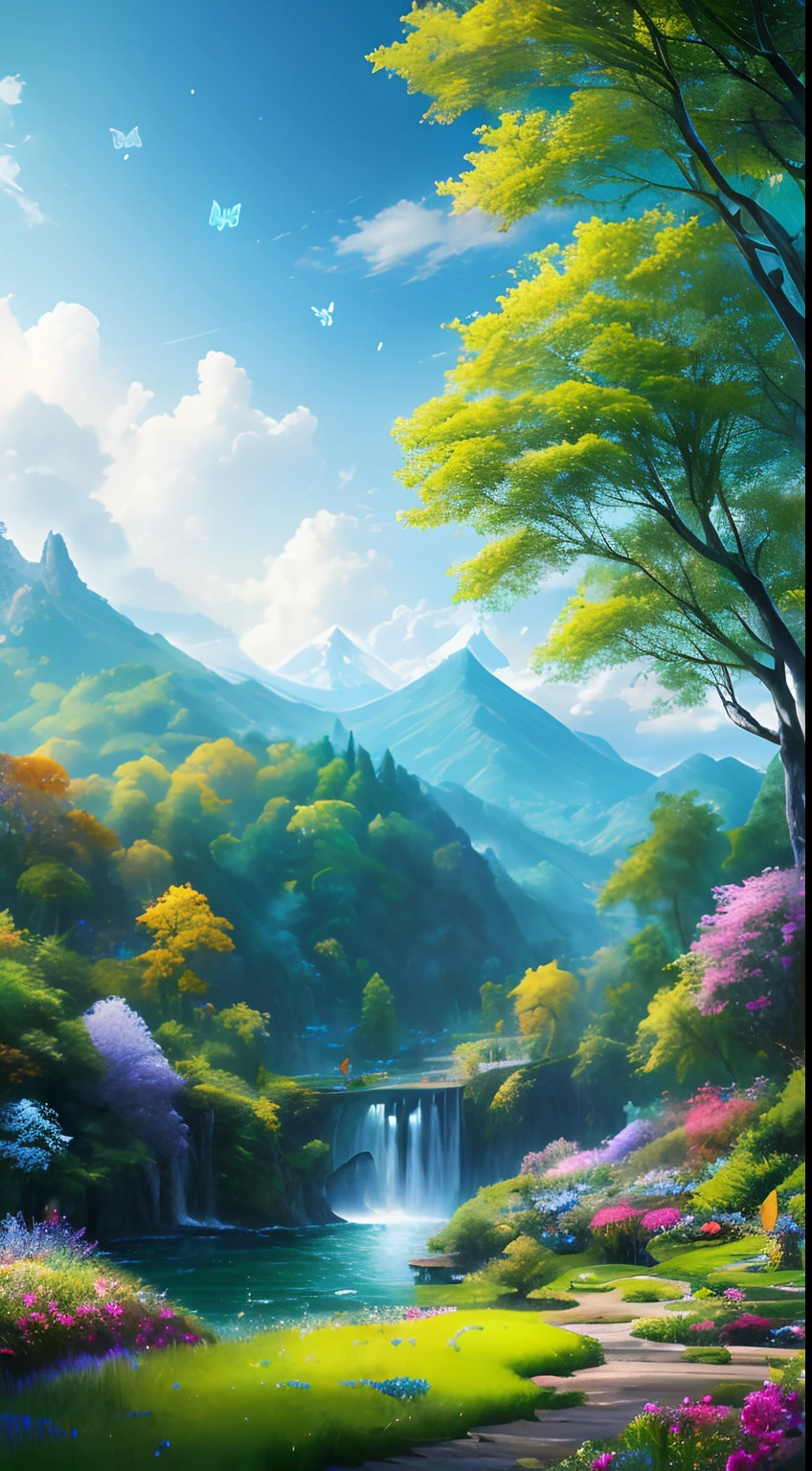 masterpiece, best quality, high quality, extremely detailed cg unity 8k wallpaper, an extremely colorful and purely fantasy environment with vibrant hues and a bright sky, landscape of bright green grass, colorful trees, glittering fruits, and bright blue flowers. the streams are a deep shade of blue, and the air is filled with sweet exotic scents. the environment appears to be taken out of a dream, with luminescent butterflies and giant colorful birds flying around, award winning photography, bokeh, depth of field, hdr, bloom, chromatic aberration ,photorealistic,extremely detailed, trending on artstation, trending on cgsociety, intricate, high detail, dramatic, art by midjourney