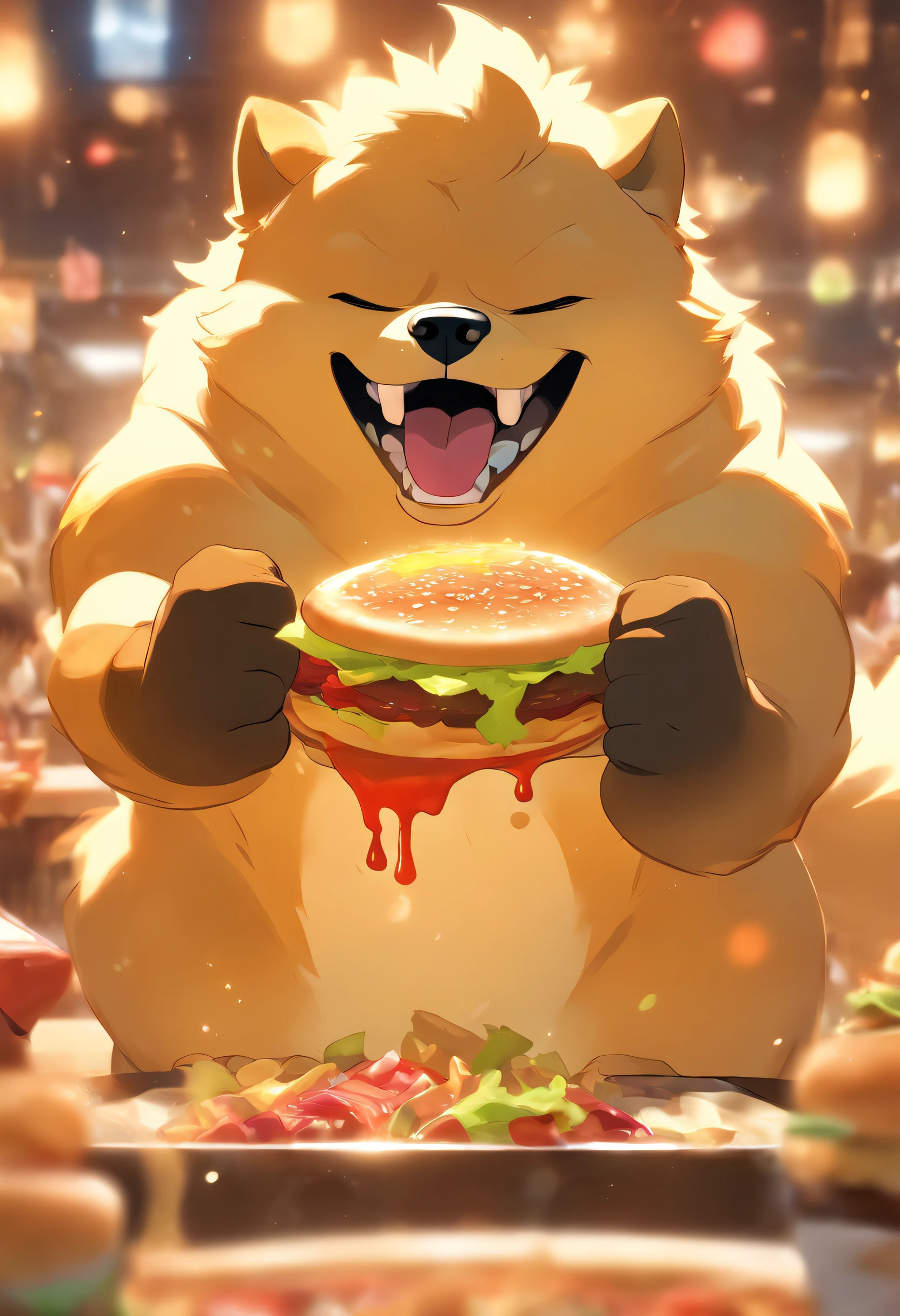 A professional photo, Yellow-white Akita Inu, Grinning, In the restaurant, Holding a large burger in both hands, Cinematic dramatic light, Smooth transition, Bokeh