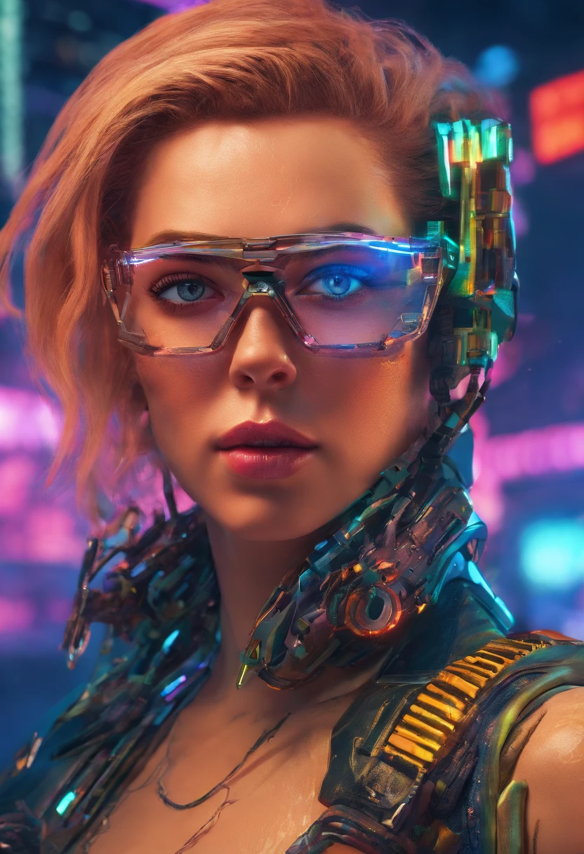 ((Scarlett Johansson)) (highly detailed: 1.2), (canon EOS R6 best quality: 1.2), (8k: 1.0), (emb-rrf-low: 1.0), Blonde elf despairing at the sight of her cybernetic arms, (lots of large black tattoos on cybernetic head open in the middle showing the inside, detailed face, hyper detailed eyes and wearing hi-tech sunglasses with holographic display 1.2), sharp focus (awarded photo: 1.2), (subsurface scatter: 1.2), (subsurface scatter: 1.2). 1.1) (a beautiful ultra-detailed cyborg: 1.2), ( hyper-detailed hair: 1.2), (wonderful body: 1.2), (full body: 1.2), (dynamic stance :1.2), neon glow, (detailed cybernetic eyes:1.1), close-up (hyperrealistic:1.2), rpg, CyberPunk 2077 style, dramatic lighting, (highly detailed futuristic cityscape:1.2), (sci-fi: 1.2). 1.2), professional portrait photography, by wlop greg rutkowski jeffrey simpson alphonse mucha