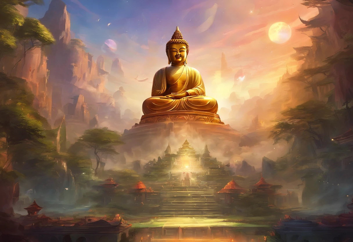 Huge Buddha statue,There are steps leading to it, Devout people。Zen temples。Real impact,rich details,k hd,realisticlying