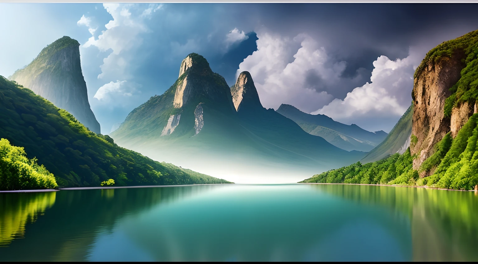 Masterpiece, ultimate quality, Cg unity 8k wallpaper, super delicate, beautiful sky and clouds, rich natural scenery, cliffs, lakes and rivers, waterfalls and flying water, beautiful green mountains, no trace of people, excellent scenery, has already won a photo contest, background Blurring, full depth of field, HDR high dynamics, true restoration, intricate, extreme details, dramatic presentation, perfectly presenting the style of midjourney art.
