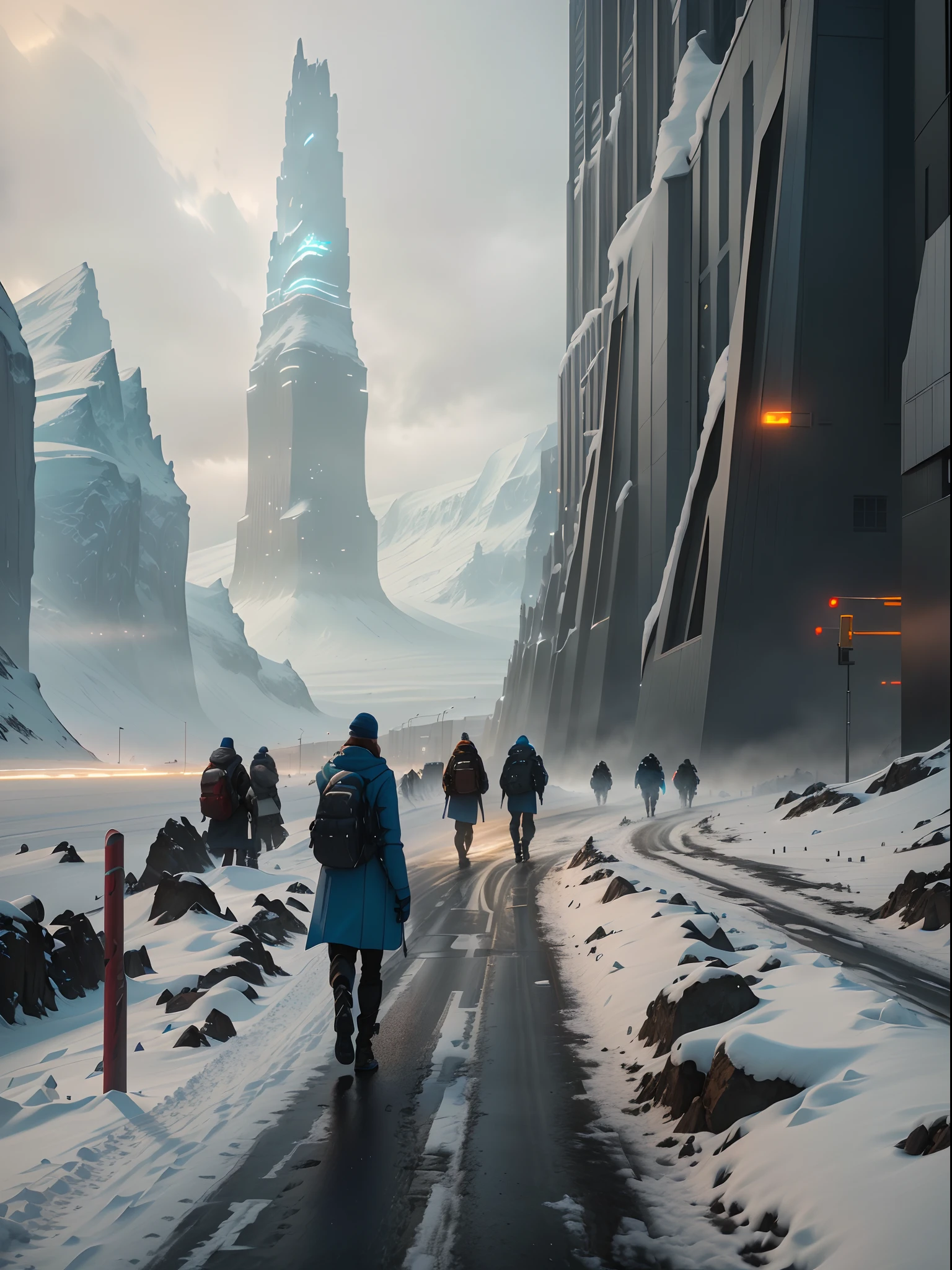 People walk on the snowy road in front of tall buildings, sci-fi of iceland landscape, epic cinematic matte painting, inspired by jessica rossier, jessica rossier fantasy art, by jessica rossier, 8k matte painting, 8 k matte painting, sci - fi film still, bastien grivet, from a 2 0 1 9 sci fi 8 k movie