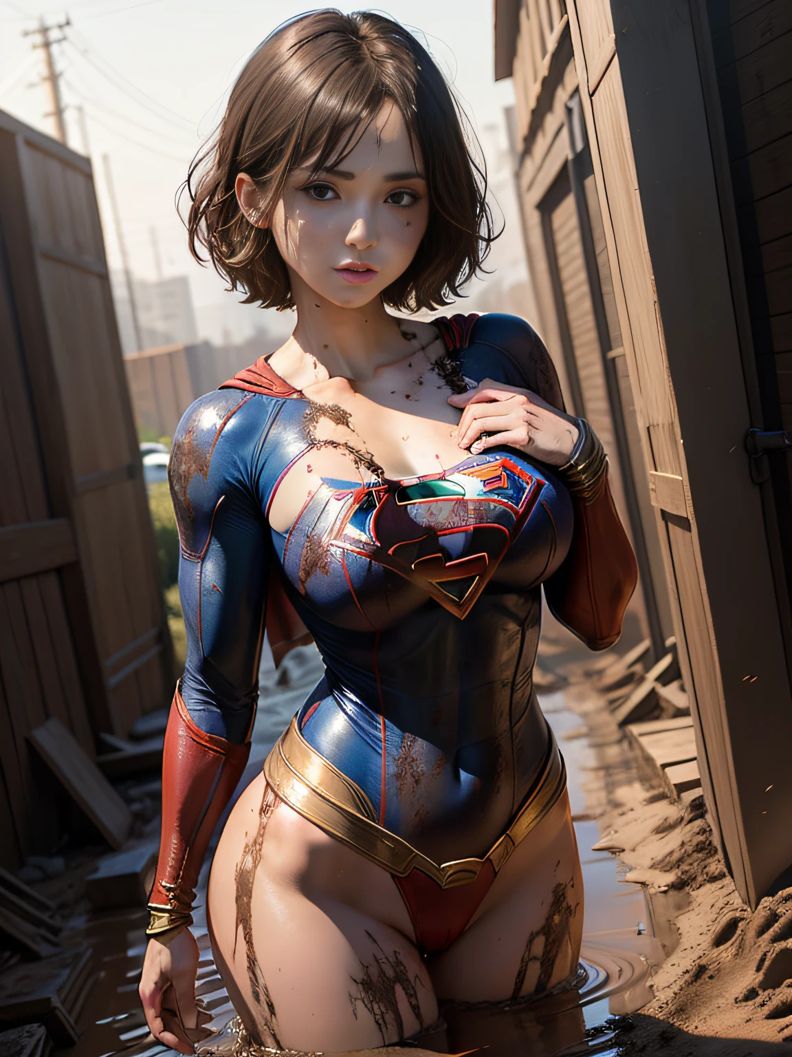 masterpiece、Short-haired Supergirl fell into a quagmire、large full breasts、Looking at the camera、Glossy costume、Crotch、Mud stains、Covered in mud、wounded
