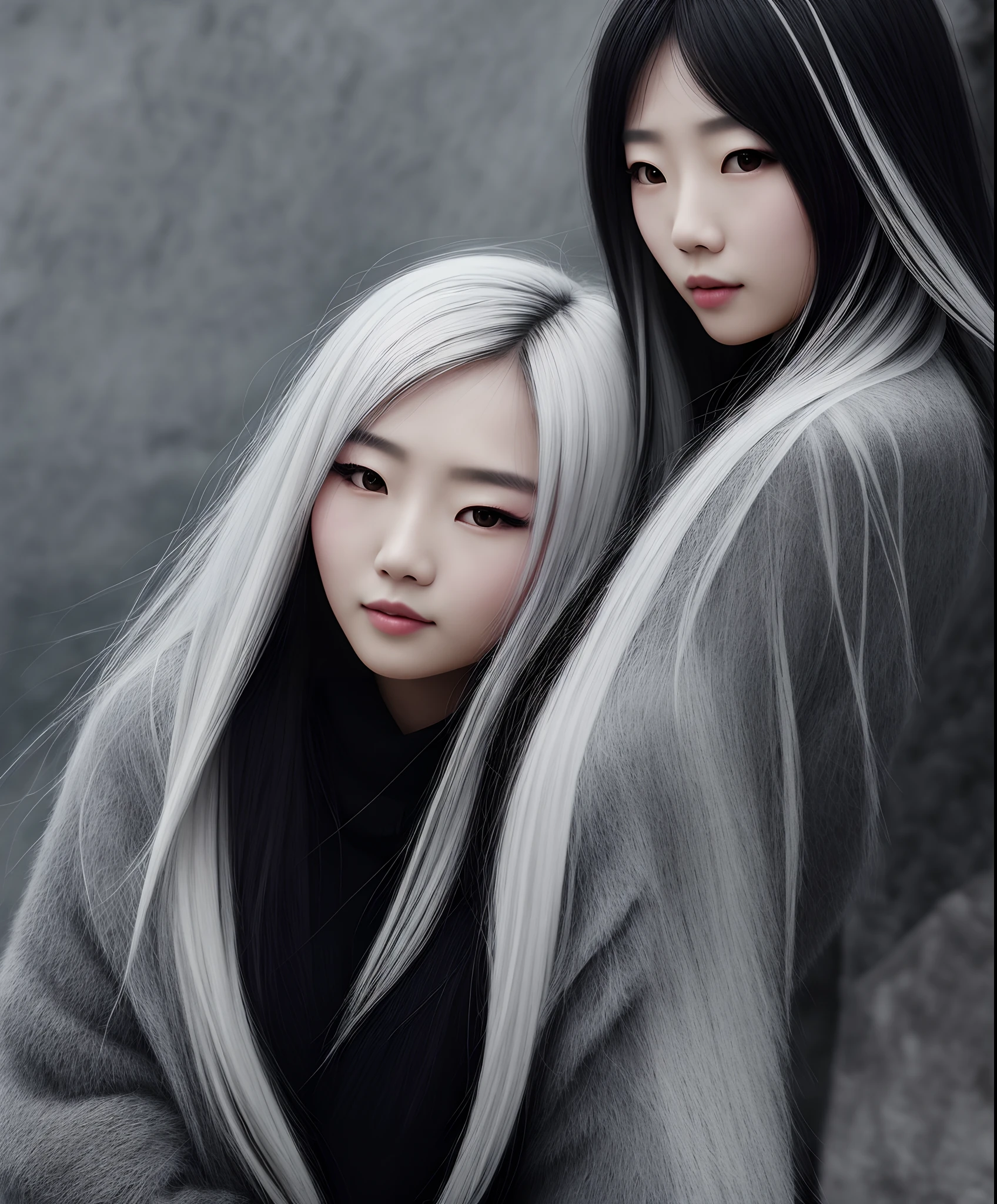 (Upward angle:1.6), beautiful 2woman, romantic movie poster for women, neat woman with long black hair and pop woman with short white hair、masterpiece、Highest quality, Detailed Description、Beautiful Face、Beautiful Eyes, watercolor style, 