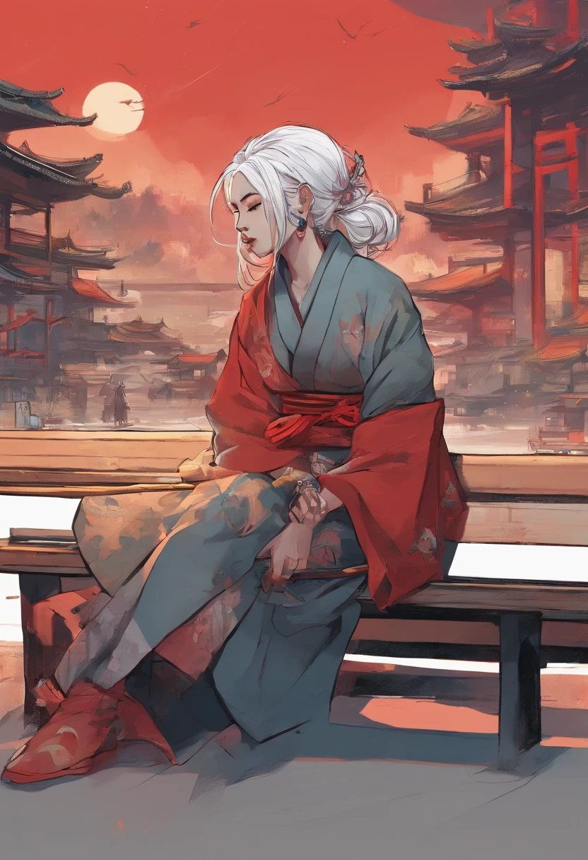 There is a woman sitting on a bench holding a katana with white hair and red locks., avec des tatouage, Artwork in the style of Guweiz, Geisha , Samurai in a Post-Apocalyptic Universe