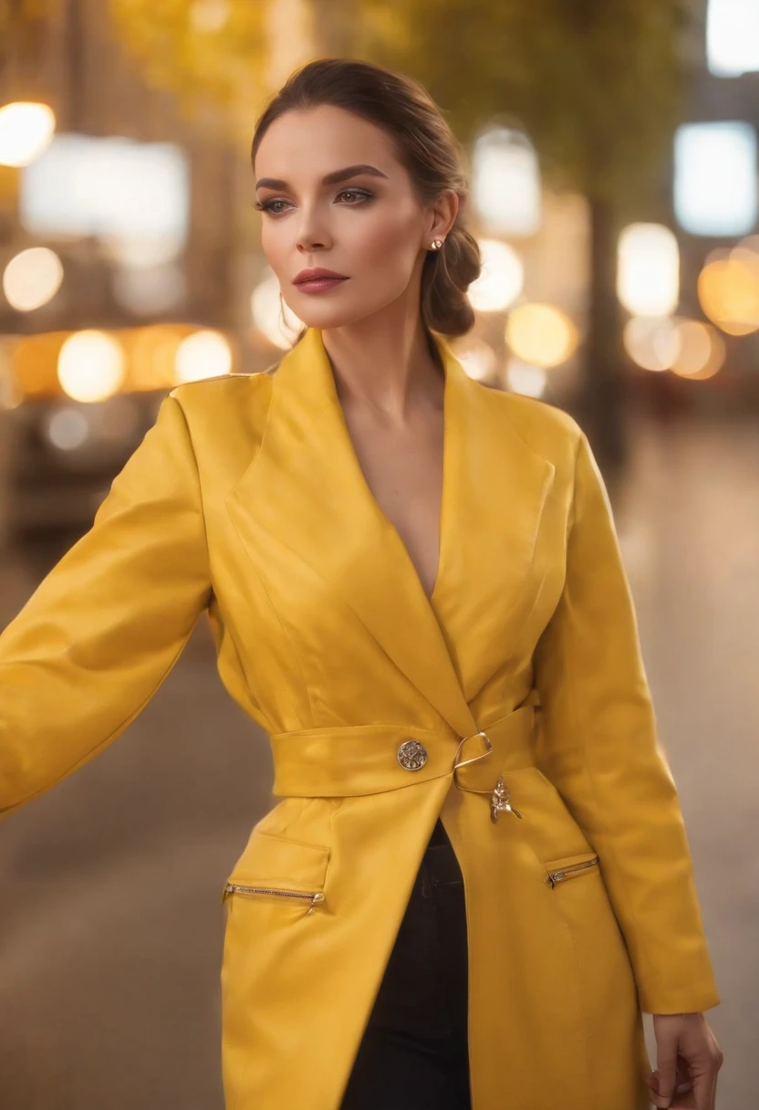 a woman in a yellow jacket and earrings, in style of digital illustration, digital art of an elegant, drawing style, luxury fashion illustration, beautiful yellow woman, illustration style, cartoon style illustration, detailed fashion illustration, trending on artstration, beautiful drawing style, glossy digital painting, digital drawing, detailed woman, stunning art style,medium shot