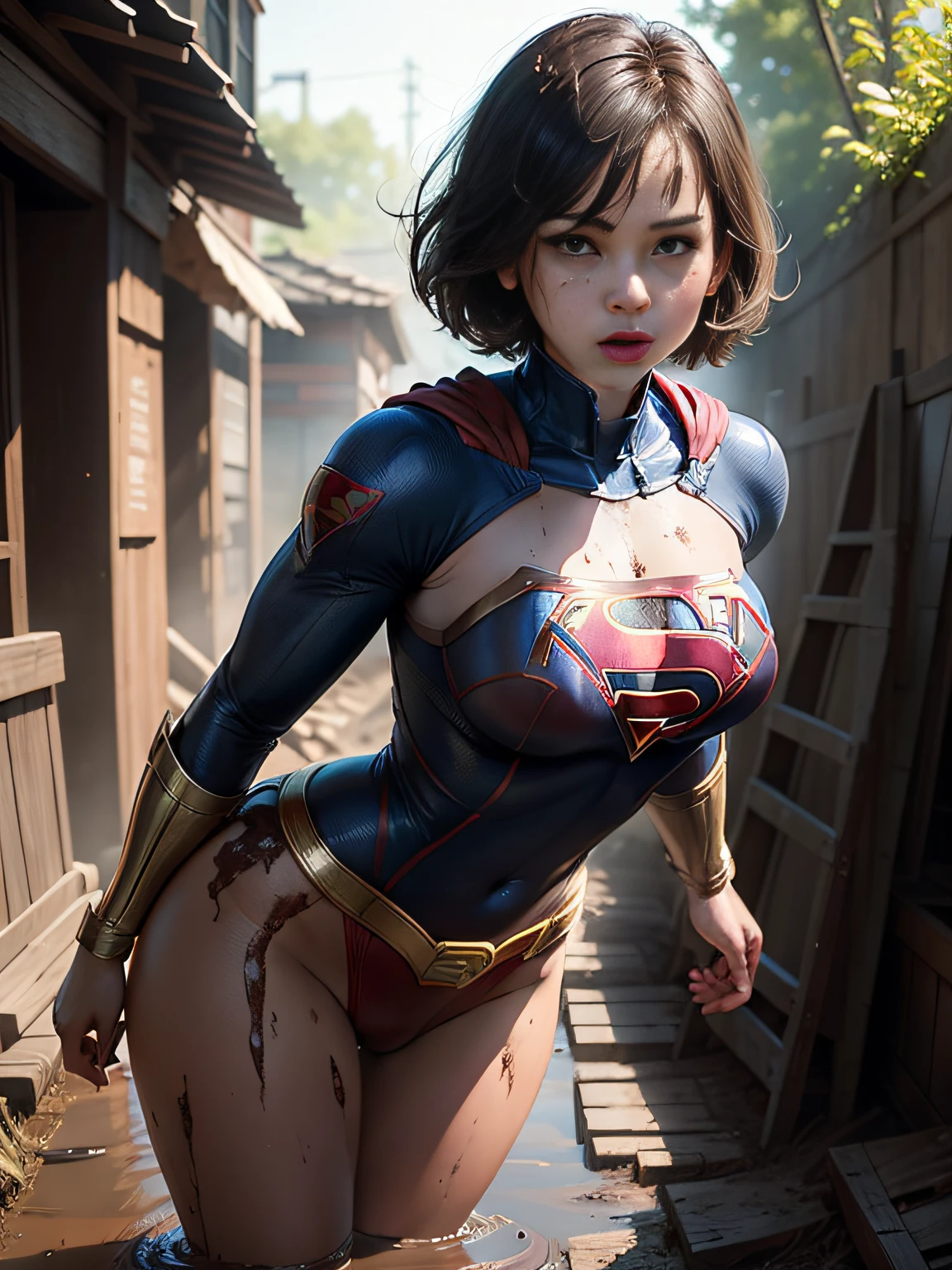 ​masterpiece、Short-haired Supergirl fell into a quagmire、large full breasts、Looking at the camera、Glossy costume、Crotch、Mud stains、Covered in mud、wounded