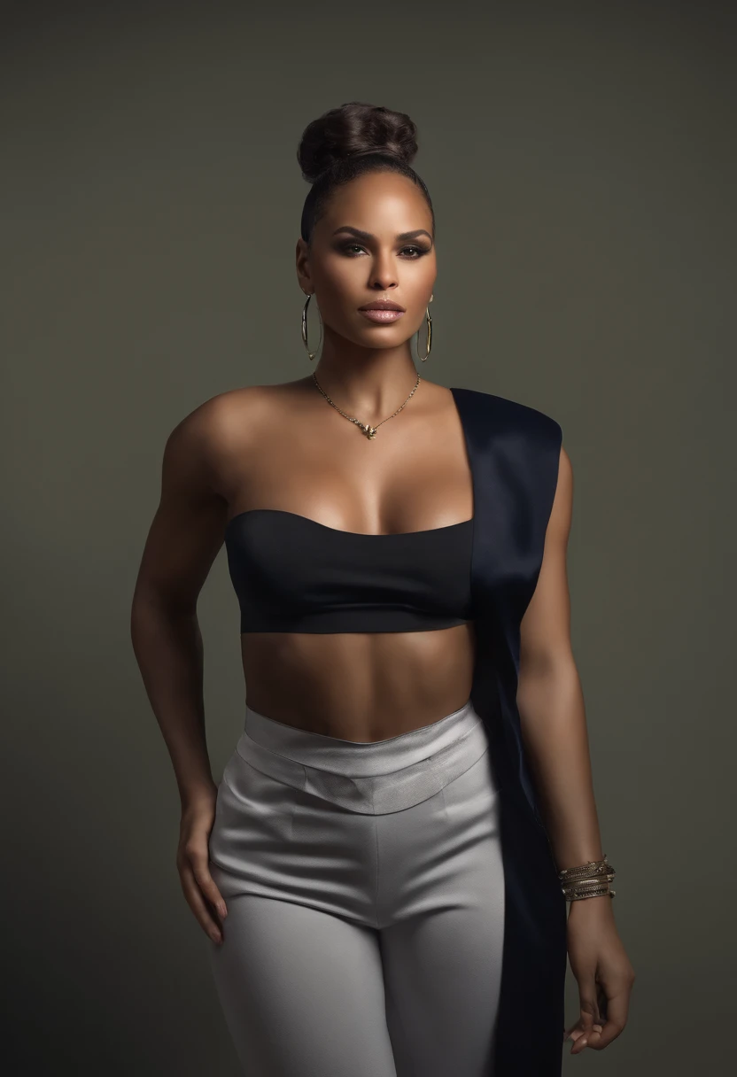 Artistic style of Alicia keys, fotorrealista, ultrarrealista, Artstation, CGSociety, 8k, Award-winning photograph of a beautiful woman posing sexy, de pie extendiendo las piernas bien abiertas, trasero grande, cintura delgada, muslos gruesos,) with a big gorilla man standing behind her, (cabello multicolor:1.2), cheekbones, Cara detallada, tono de piel oscuro, africano, curva, (No hay ropa puesta:1.5), 二重まぶた, (pecho gigantesco:1.5)