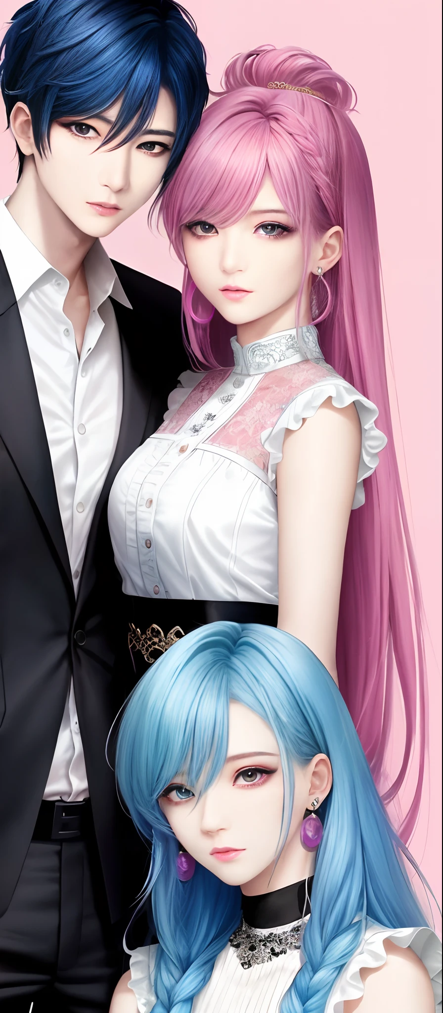 ((Male and female couples)), window, Idol Photos, Magazine covers, Photos of actors, Professional Photos, Height difference, tall male, Happiness, youthfulness, extra detailed face, detailed punk hair, very detailed character, inspired by Sim Sa-jeong, Cai Xukun's, detailed realistic faces, highly detailed realistic face, high detailed face anime, realistic detailed face, Accurate detailed face, attractive androgynous humanoid, Cool Korean fashion in black, ((With a man with light blue hair)), ((Woman with pink hair)), ((Woman with long hair below waist)), ((Man with short hair over ears)), ((Pink hair woman with gentle expression)), ((Man with light blue hair with wild expression)), high-level image quality, masterpiece, Photographed so that the whole body can be seen, Photographed to make clothes look beautiful, Take your eyes off, ((two individuals)), ((British couple))
