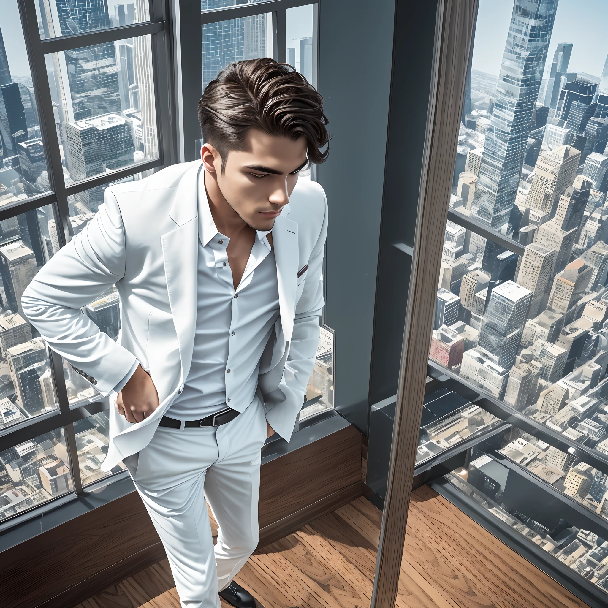 A young man, 25 years old, elegantly clad in a white suit, occupies a sleek, modern table in an upscale urban penthouse. The space is illuminated with chic, minimalist studio lighting, casting bold shadows that add a touch of mystery. The man exudes confidence as he leans back, contemplating the cityscape beyond the floor-to-ceiling windows. The ambiance is reminiscent of a high-end fashion photoshoot, with a strong, dramatic presence. Photo taken by Isabella Montgomery with a Sony A7R IV and a 85mm f/1.4 lens. Award Winning Photography style, High Fashion, 8K, Ultra-HD, Super-Resolution. --auto --s2