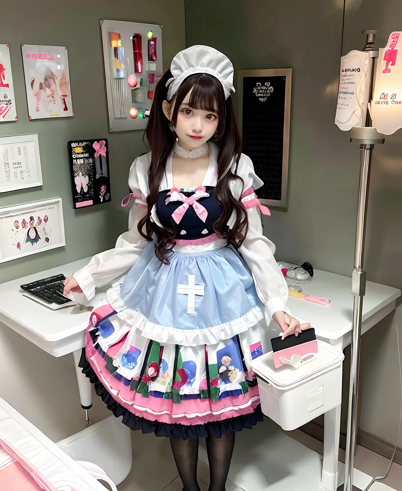 Alafe dressed in nurse clothes standing in room, Lolita Fashion, Nurse Costume, maid clothes, nurse girl, Lolita style, angelic pretty, anime girls in maid costumes, maid dress, Anime girl cosplay, Anime Cosplay, Nurse Uniform, Cosplay, japanese maid cafe, cosplay of a catboy! maid! Dress, Nurse, ornate cosplay