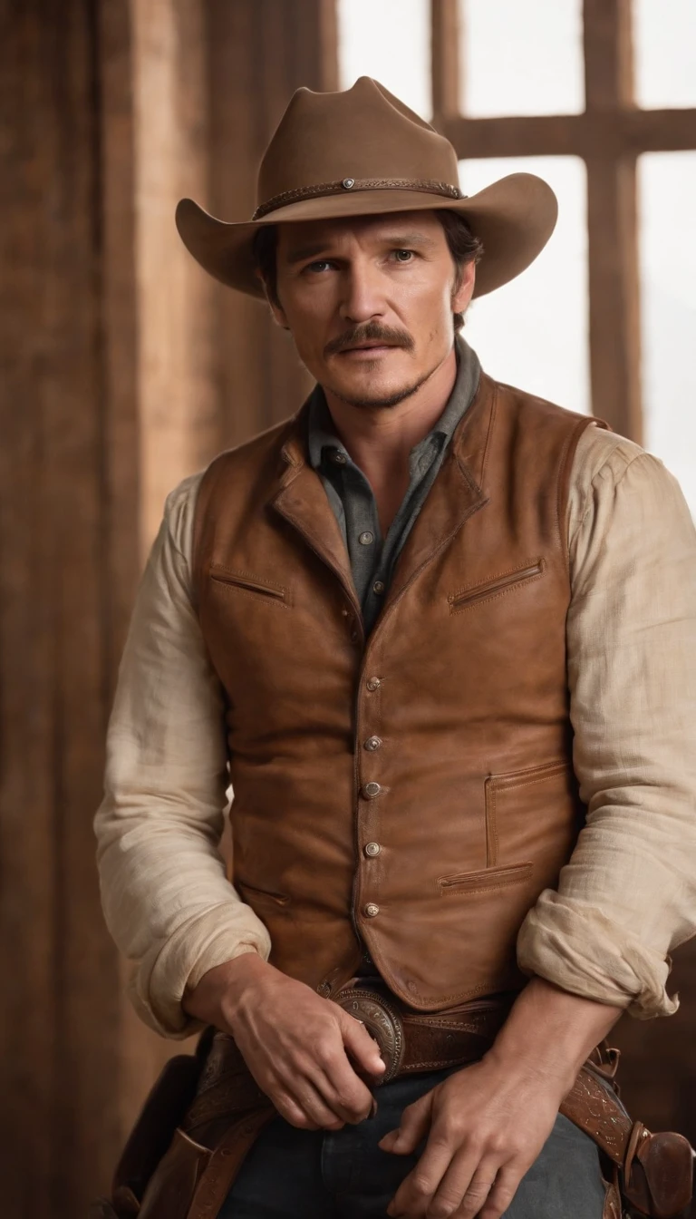Actor Pedro pascal wearing a western style cowboy interior, white background, medium close up shot, style of ultrafine detail, high quality photo, 105 mm f/1.2, photorealistic