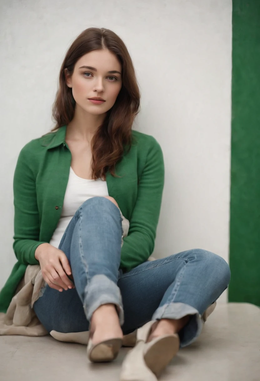 young girl in jeans sitting on a green television by maryann coady, in the style of sean scully, mary jane ansell, genderless, photo taken with fujifilm superia, bold curves, light white and white, industrial chic