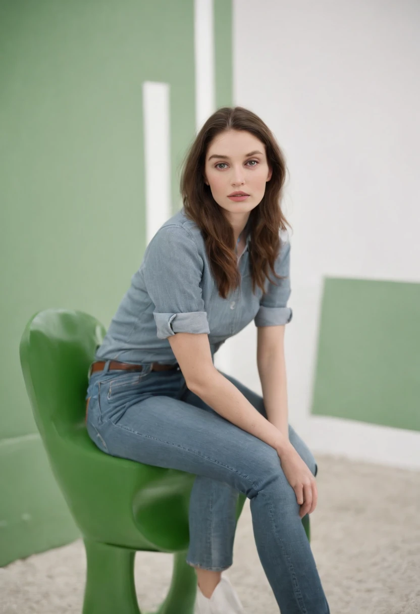 young girl in jeans sitting on a green television by maryann coady, in the style of sean scully, mary jane ansell, genderless, photo taken with fujifilm superia, bold curves, light white and white, industrial chic