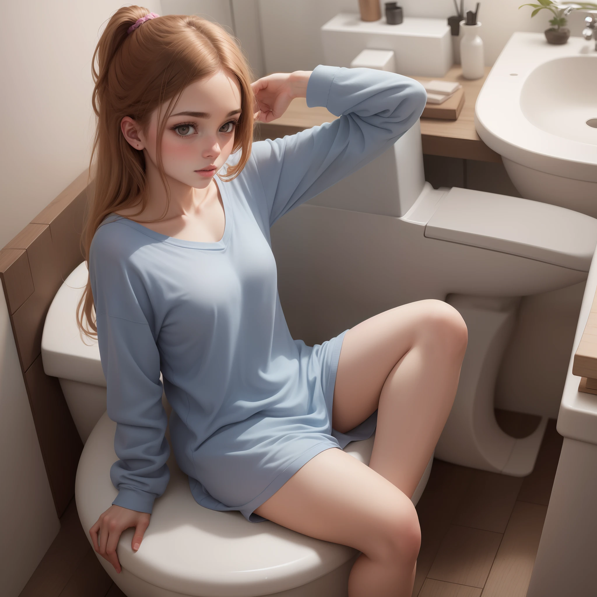 Garota de 18 anos, pijama, Sitting on the toilet