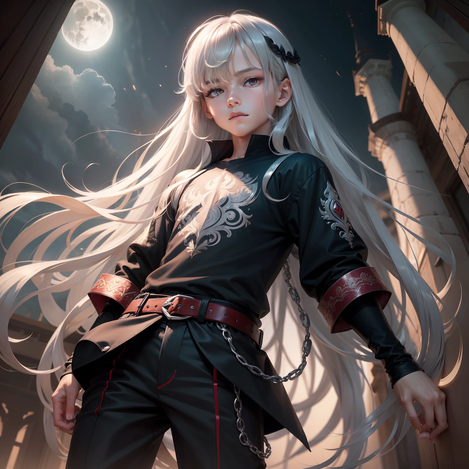((1 boy:1.2)),An ultra-high picture quality,​masterpiece,Cut your bangs,beautiful countenance,12year old,Long hair,(silber hair),Dark Fantasy,fullmoon,red eyes,Pants Style,Silver Accessories
