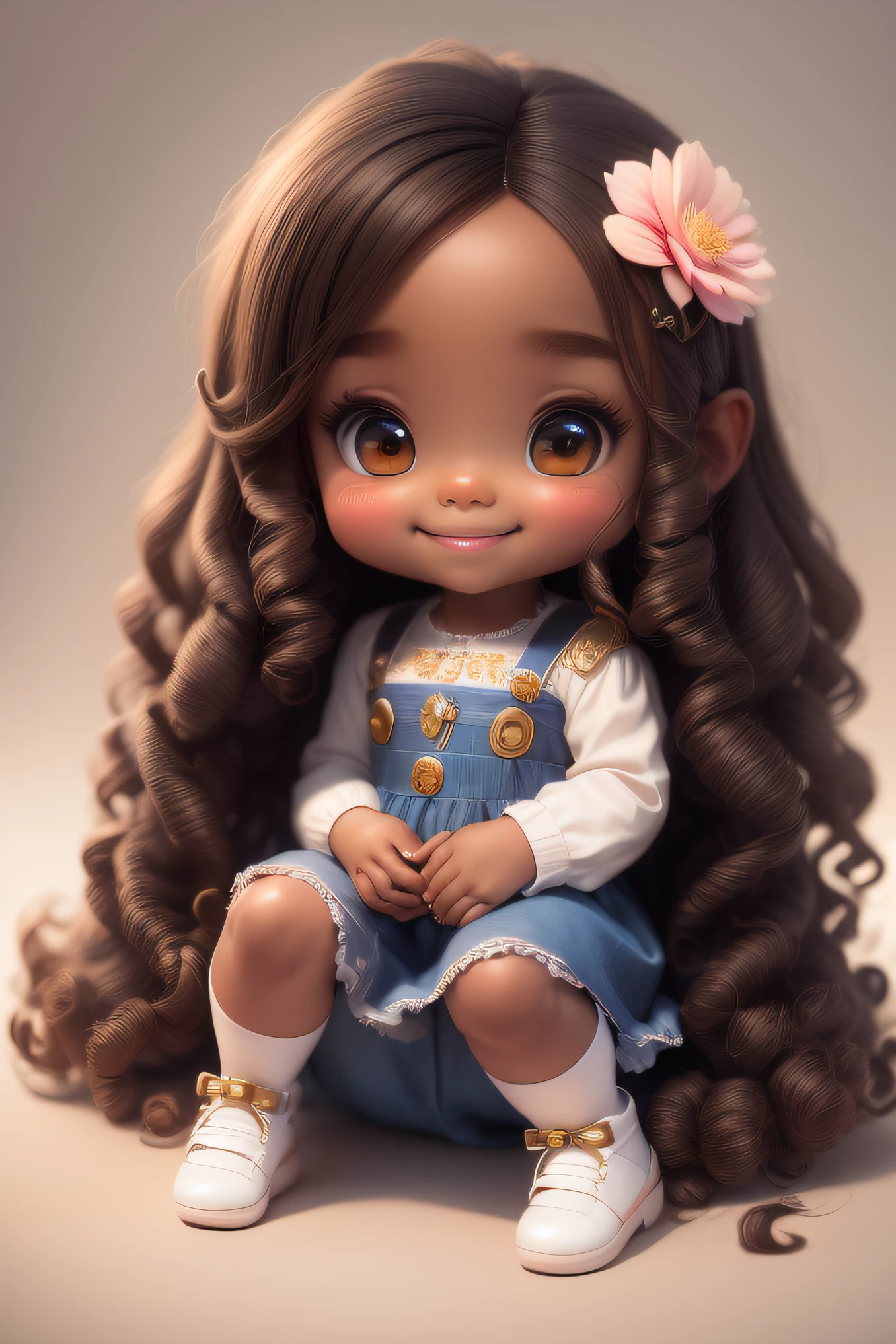 chibi 1 African  dark brown skin:5, cute smile, sitting ((full body))) "various emotions" realistic shadows, sparkling eyes, detailed skin, slightly shiny greenish brown eyes, pose for photo, long curly black hair, flowers in hair, rapunzel style, very detailed, highly detailed 8k face, perfect face shape, perfect full lips, perfect nose, beautiful and correct eyes, observant, wedding dress: 3.45, hair flowers, masterpiece , best quality, single, jeans, alone, advanced chibi