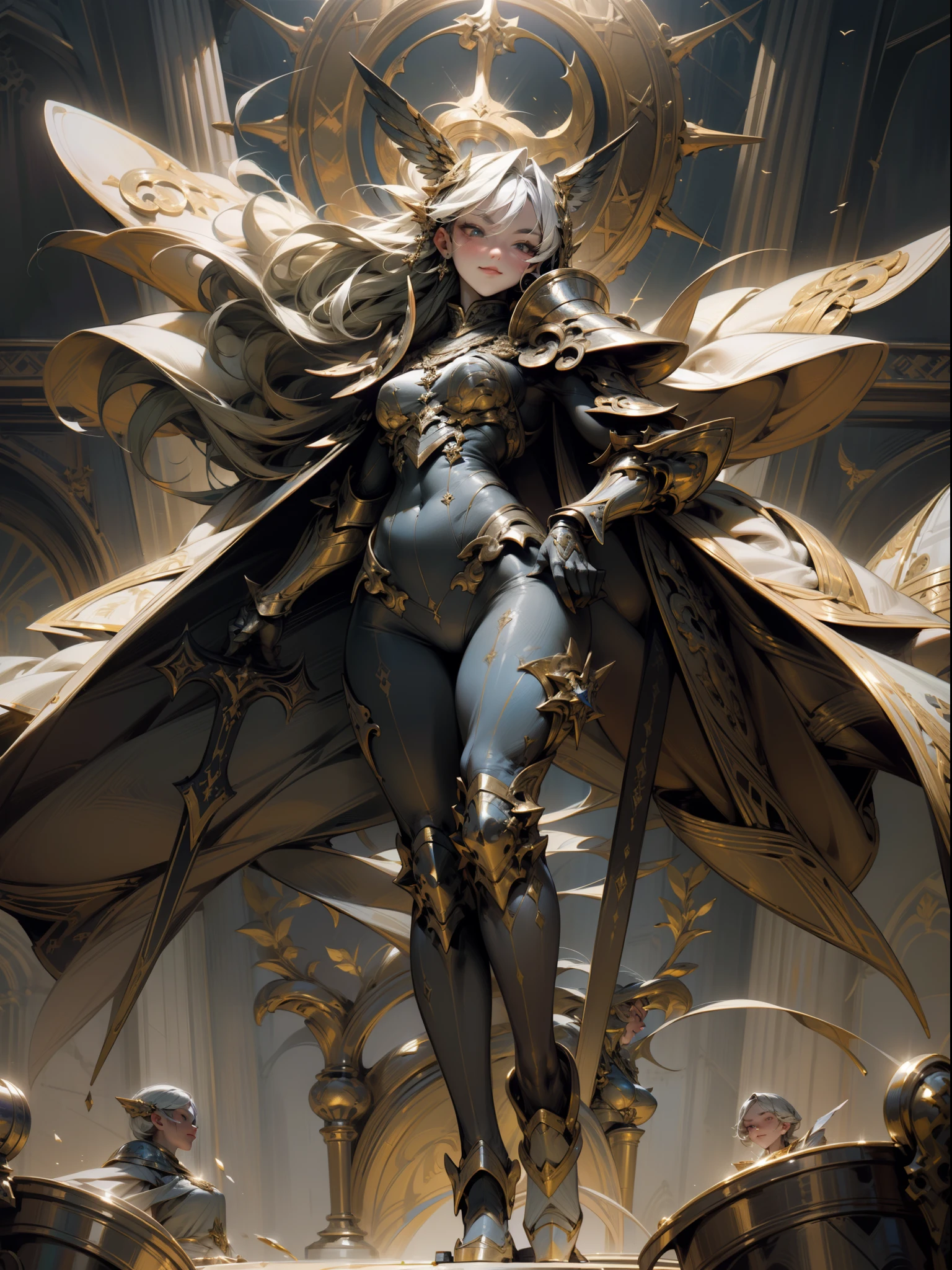Woman, (masterpiece), (8k sized wallpaper), (top quality), the best workmanship, caustics, perfect anatomy, detiled, valkyrie, warrior, flamboyant, glittering attire, goddess, divine, fierce, fighting god, very well crafted fancy armor, fancy armor with intricate patterns, Elaborately crafted fancy armor, beautiful face, perfect body, great body, slender body, nice body, present god, transcendent, big tits, spectacular tits, beautiful woman, beauty, strength and beauty, smiling, black, dark image, carrying large weapons, embodiment of war, small, round outlined face, roaring, wind, cathedral background, full body, Looking this way.