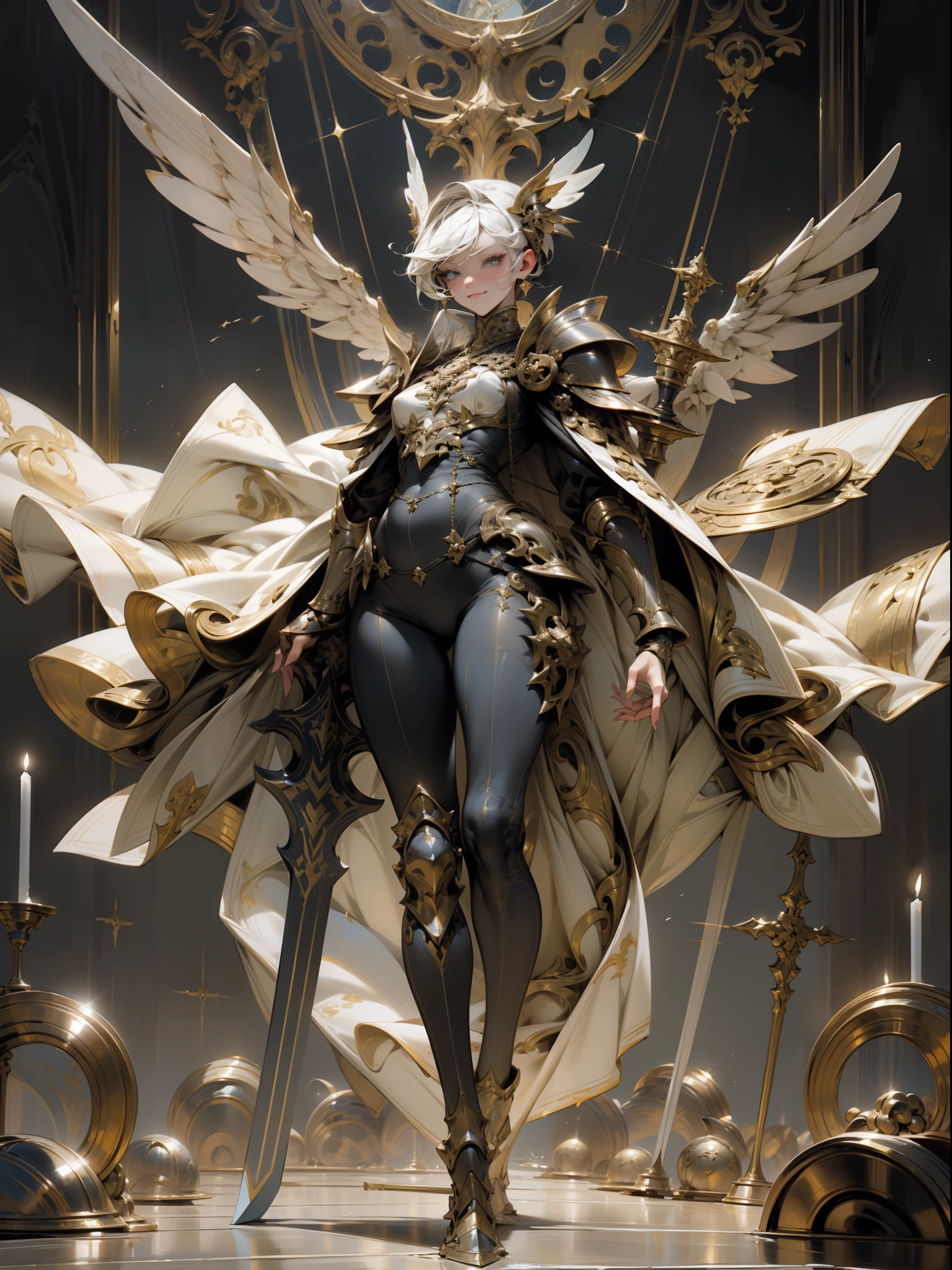 Woman, (masterpiece), (8k sized wallpaper), (top quality), the best workmanship, caustics, perfect anatomy, detiled, valkyrie, warrior, flamboyant, glittering attire, goddess, divine, fierce, fighting god, very well crafted fancy armor, fancy armor with intricate patterns, Elaborately crafted fancy armor, beautiful face, perfect body, great body, slender body, nice body, present god, transcendent, big tits, spectacular tits, beautiful woman, beauty, strength and beauty, smiling, black, dark image, carrying large weapons, embodiment of war, small, round outlined face, roaring, wind, cathedral background, full body, Looking this way.