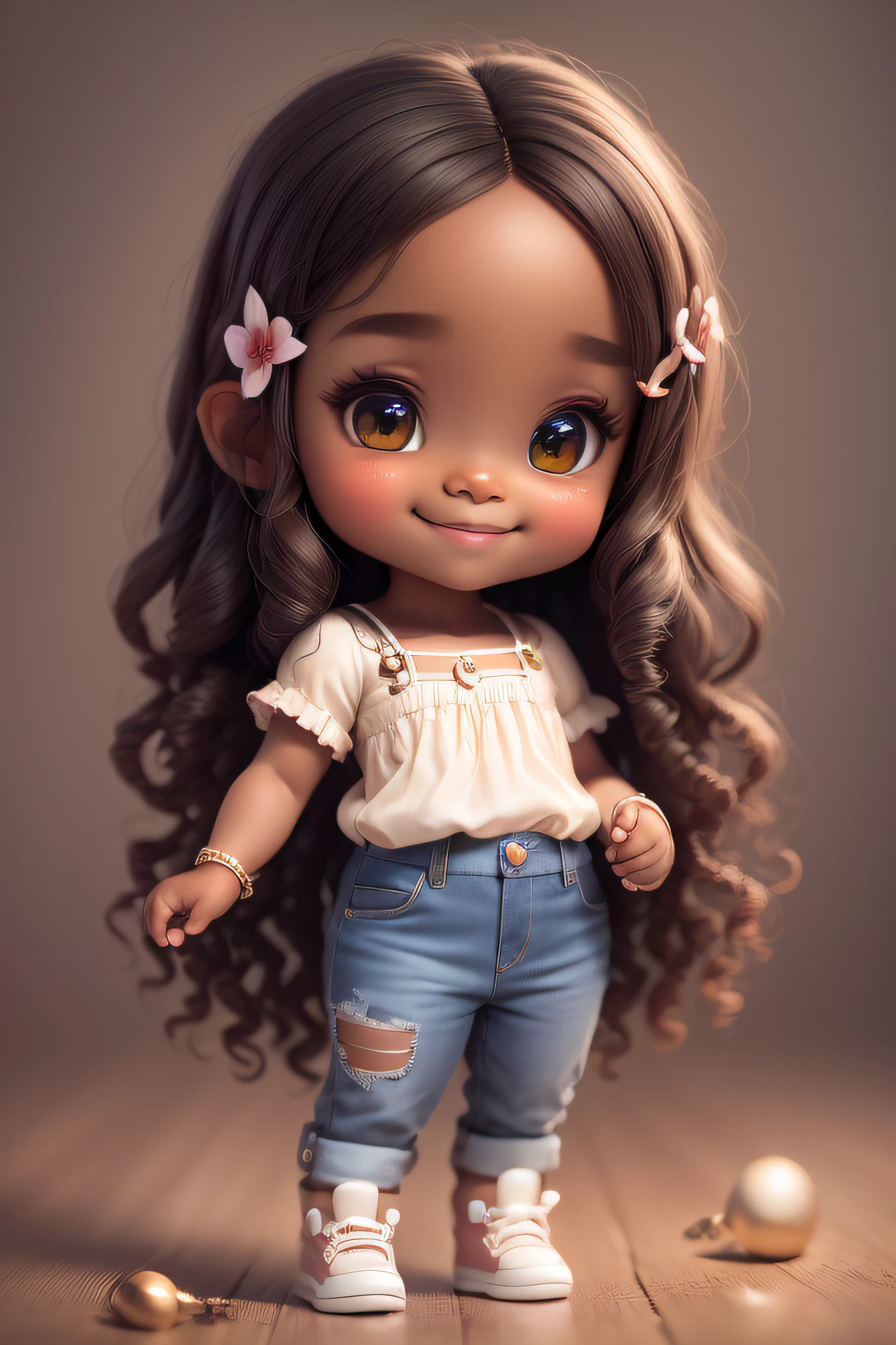 chibi 1 African children dark brown skin:5, cute smile, sitting ((full body))) "various emotions" realistic shadows, sparkling eyes, detailed skin, slightly shiny greenish brown eyes, pose for photo, long curly black hair, flowers in hair, rapunzel style, very detailed, highly detailed 8k face, perfect face shape, perfect full lips, perfect nose, beautiful and correct eyes, observant, wedding dress: 3.45, hair flowers, masterpiece , best quality, single, jeans, alone, advanced chibi