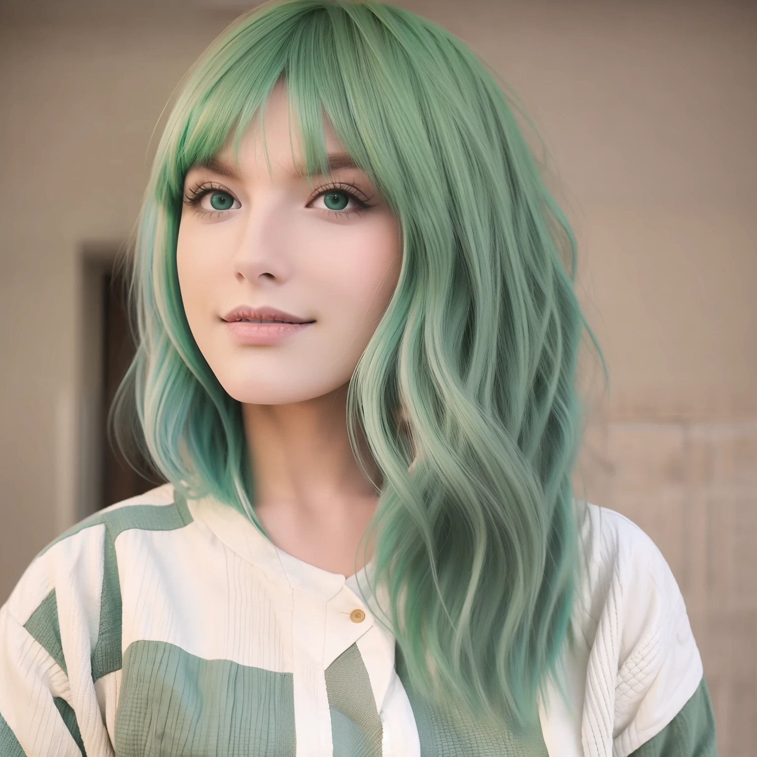 light green hair, wispy bangs