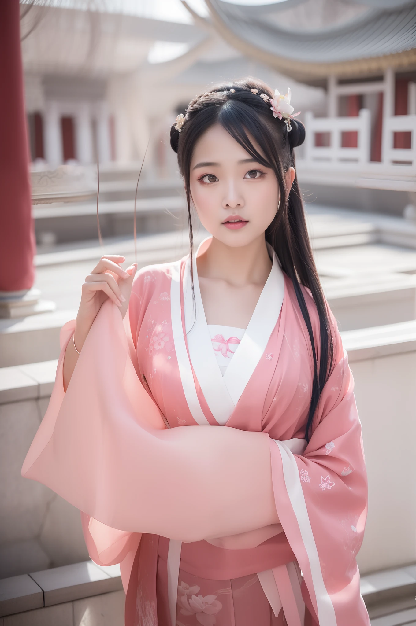 arafed asian woman in a pink dress and a white shawl, with acient chinese clothes, palace , a girl in hanfu, white hanfu, wearing ancient chinese clothes, full body xianxia, heise-lian yan fang, traditional chinese clothing, chinese girl, xintong chen, yun ling, chinese costume, xianxia, pale and coloured kimono, 1girl, Dunhuang flying costume, messy long hair, zydG, Dunhuang style, lots of smoke, superb, elegant colors, realistic, high detail, masterpiece, super detail, dynamic angle, mural background, ink, amazing, cinematic lighting, illustration, chiaroscuro, backlight, god ray, lotus, lotus, best quality, anatomically correct, surrealism, drop shadow, anaglyph, stereogram, tachi-e, pov, atmospheric perspective, 8k, super detail, ccurate, best quality, anatomically correct, high details, best quality, high quality, highres