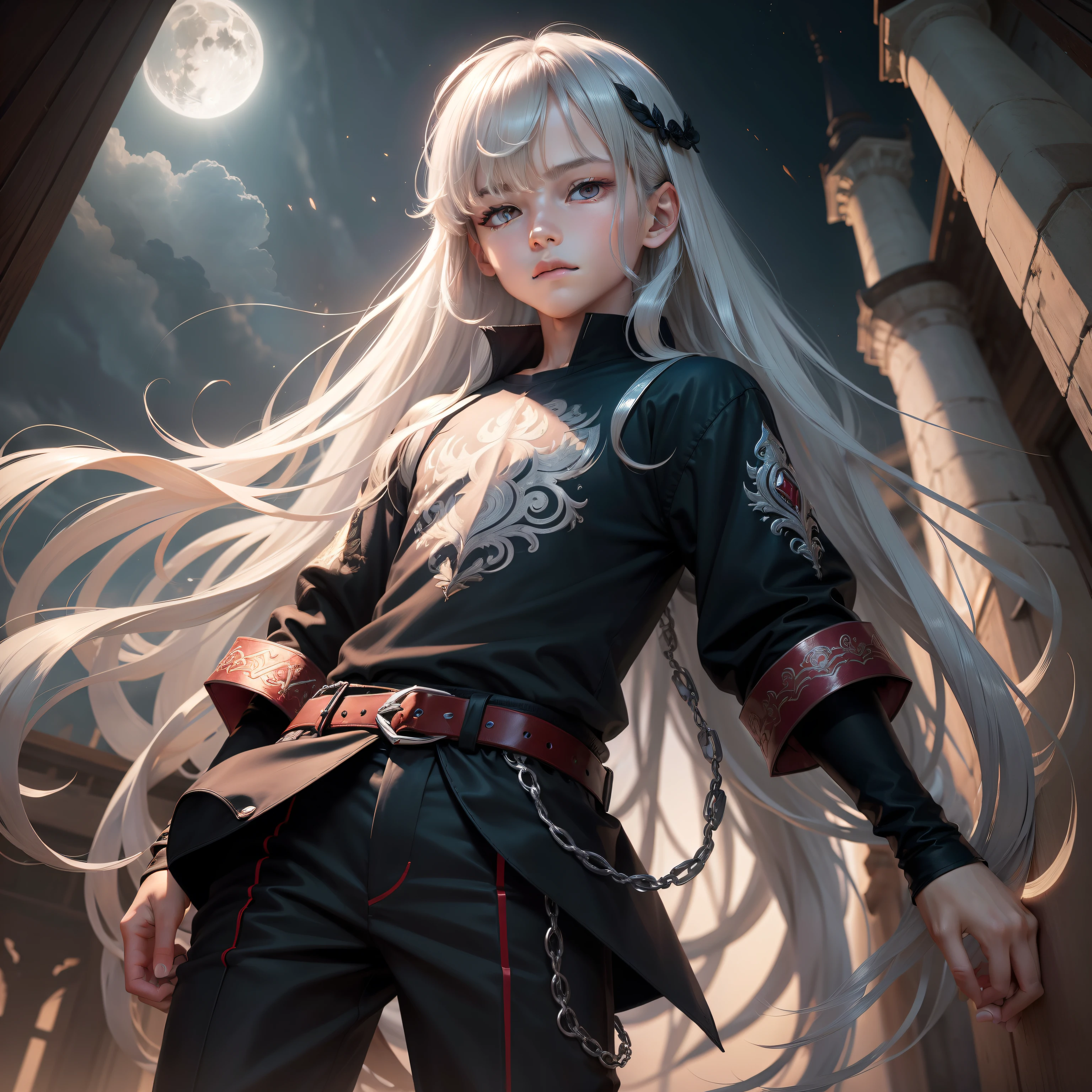 ((1 boy:1.2)),An ultra-high picture quality,​masterpiece,Cut your bangs,beautiful countenance,12year old,Long hair,(silber hair),Dark Fantasy,fullmoon,red eyes,Pants Style,Silver Accessories