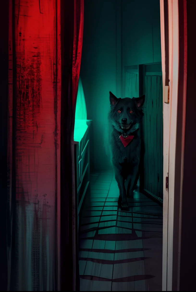 Image of a creepy-looking dog peeking through a door, foto de terror, Asustando, Aspecto espeluznante, Scarry, imagen de terror, Cartel de terror, arte de terror digital, foto de miedo, horror miedo horror, imagen de miedo, Arte de terror 4K detallado, Arte digital de pesadilla, Miedo HD 4K, Foto muy aterradora, strange dog, asustadizo, Foto de la izquierda, con los ojos que brillan rojo