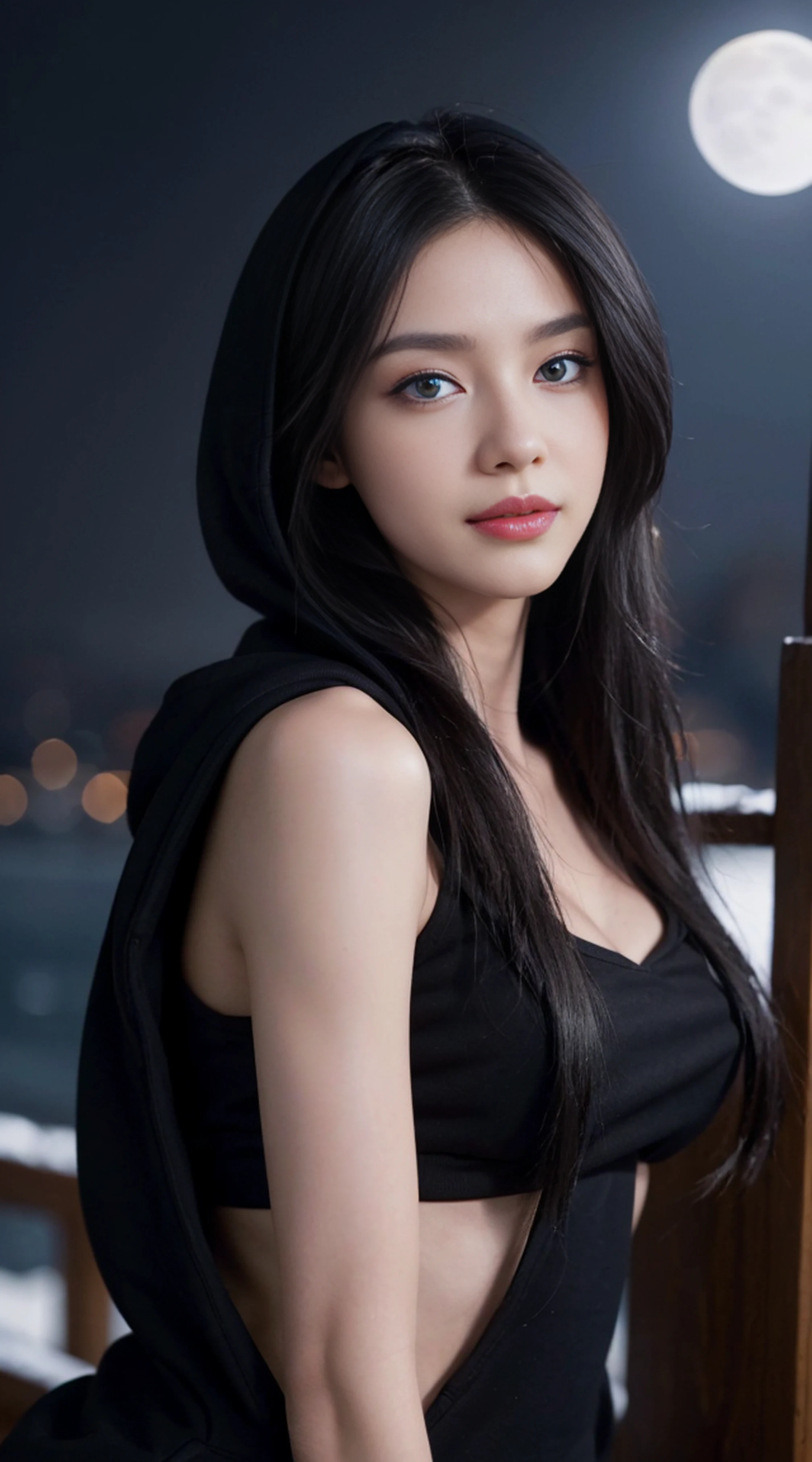 8K, Top Quality, Intricate Details, Ultra Detail, Ultra High Resolution, Masterpiece, random angle,  Slender, Smile, (Makeup: 0.4), (Fluffy Blue Eyes: 1.21), blue Eyes, looking at viewer, ((full body)), 1girl, solo, 1 girl, (( full body)), Extreme close-up shot,  , ((tall)), (((fit body))), (((slim face))), sharp face, sharp eyes, (((black hair, long hair, ))  (detailed face), sharp face, small lips, 
 ((hoodie)),  detailed face, detailed breast, , large breast, detail ass, , Beautiful girl with accentuated slender abs: 1.4, Six Pack Abs: 1.4, Bust Botox, Big, Perfect Body, detail leg, (( moonlight)), top of mountain