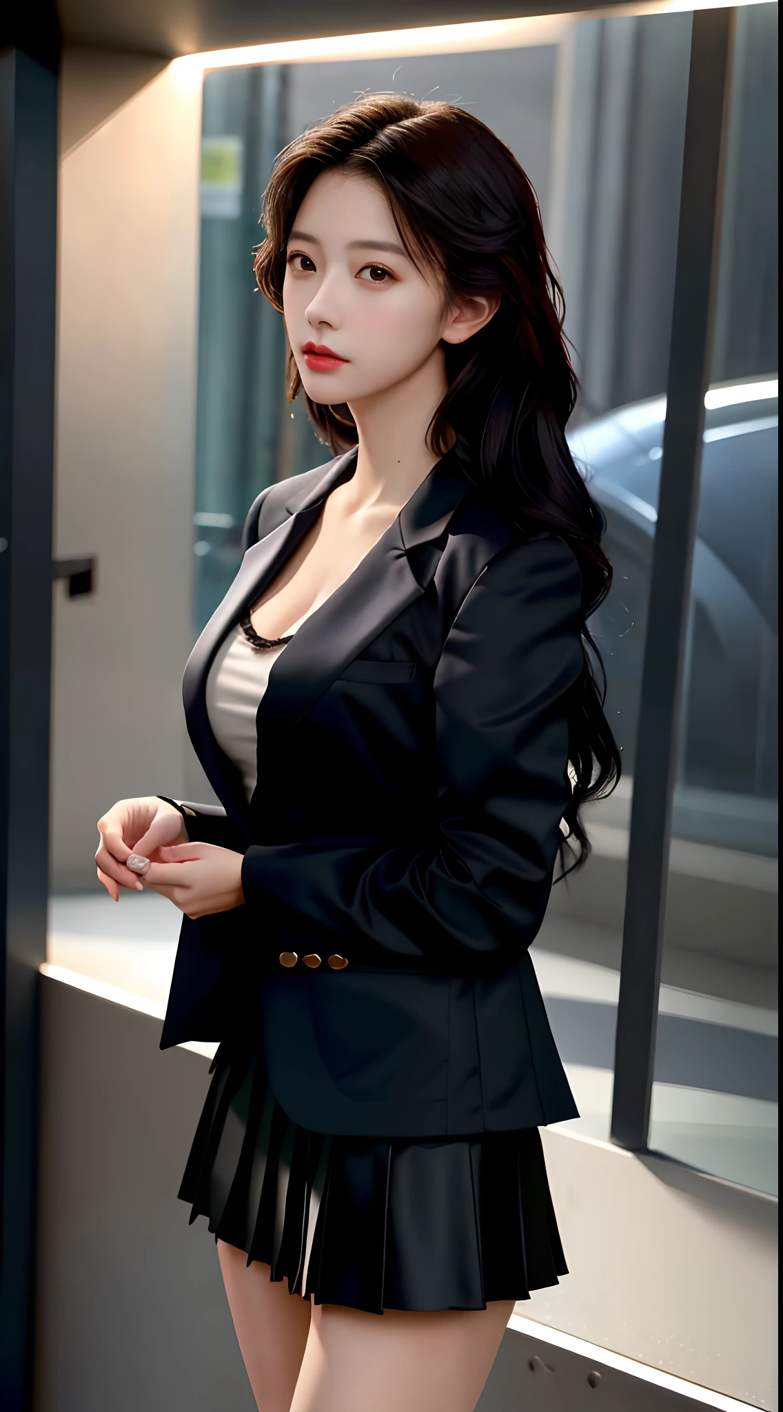 best quality, masterpiece, 1girl, Beautiful face, (photo realistic:1.3), rim lighting, (high detailed skin:1.2), 8k uhd, dslr, high quality, high resolution, 4k, 8k, Bokeh, absurdres, best ratio four finger and one thumb, (realistic:1.3), cute 1girl, wearing black formal blazer, medium breasts, short skirt,