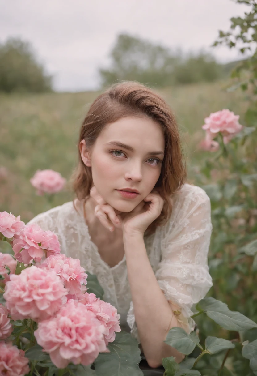 girl on a flower, in the style of androgynous, wollensak 127mm f/4.7 ektar, white and pink, uhd image, punk rock aesthetic, detailed facial features, feminine sensibilities