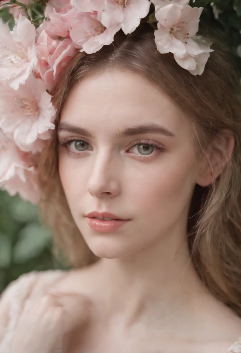 girl on a flower, in the style of androgynous, wollensak 127mm f/4.7 ektar, white and pink, uhd image, punk rock aesthetic, detailed facial features, feminine sensibilities