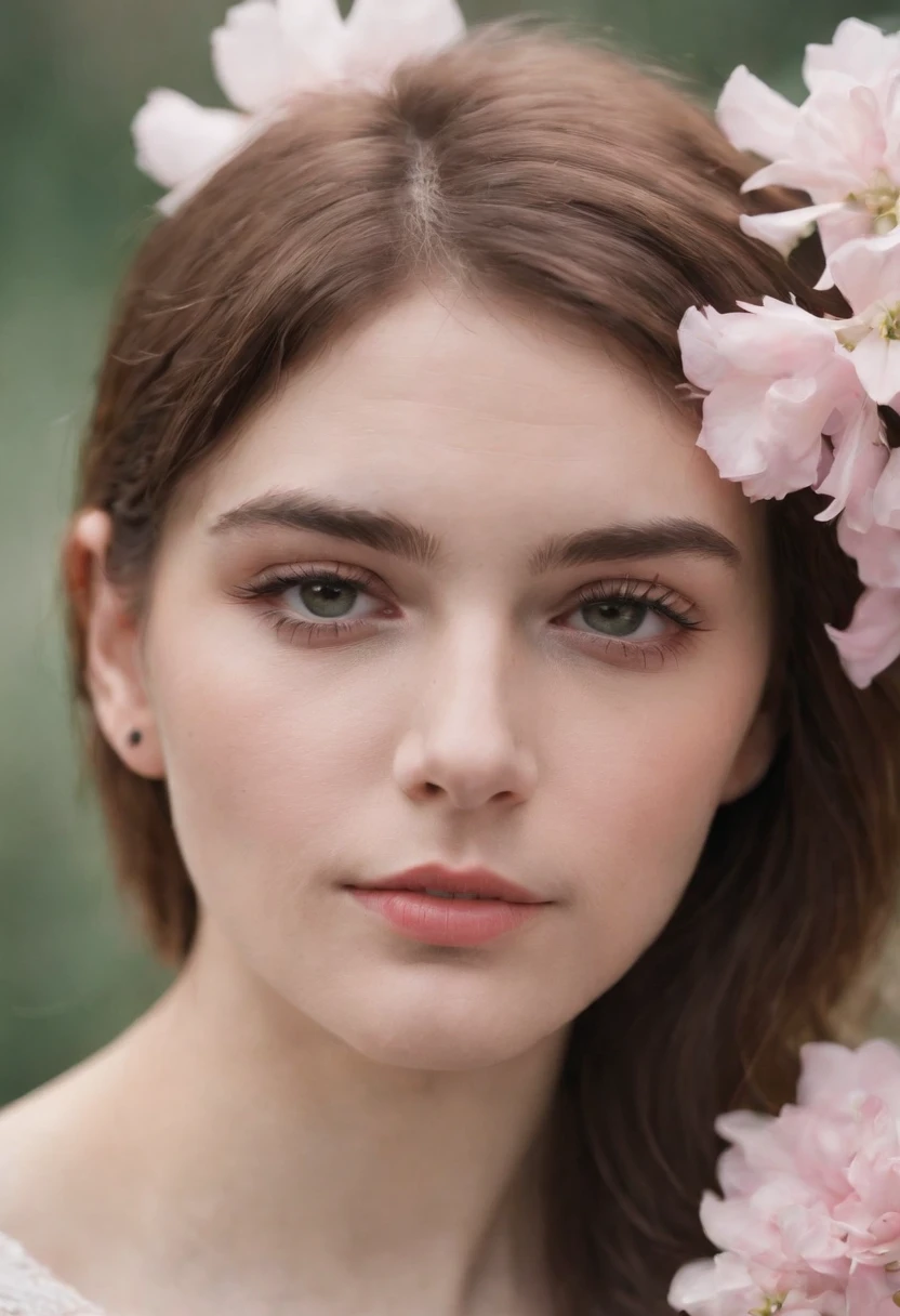 girl on a flower, in the style of androgynous, wollensak 127mm f/4.7 ektar, white and pink, uhd image, punk rock aesthetic, detailed facial features, feminine sensibilities