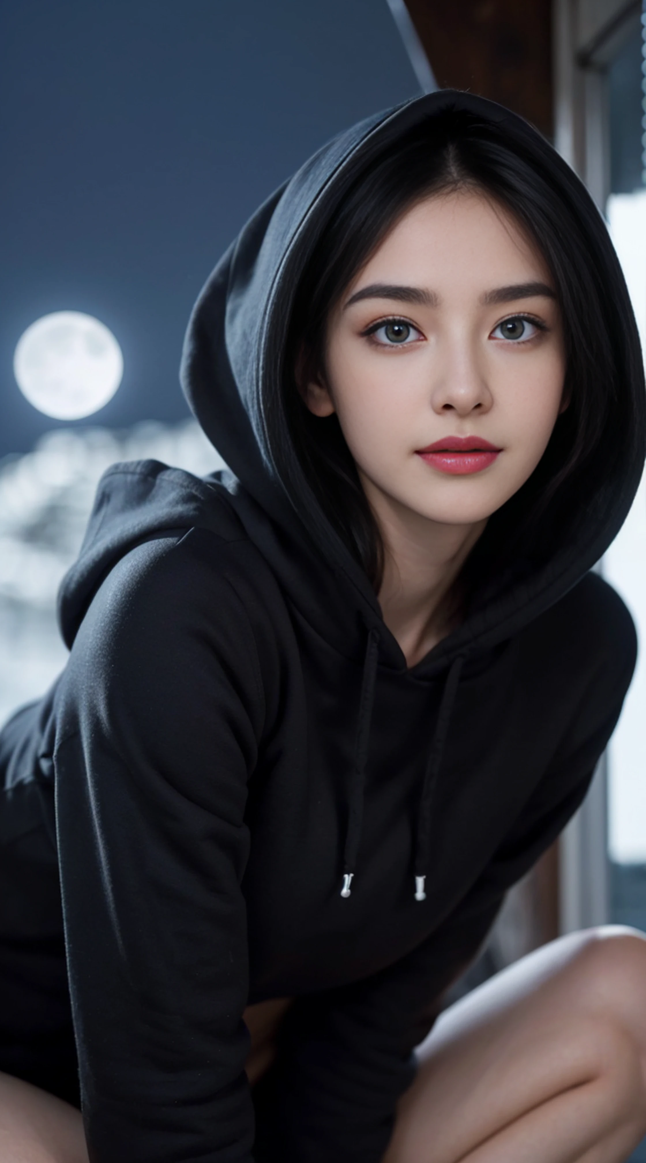 8K, Top Quality, Intricate Details, Ultra Detail, Ultra High Resolution, Masterpiece, random angle, Slender, Smile, (Makeup: 0.4), (Fluffy Blue Eyes: 1.21), blue Eyes, looking at viewer, ((full body)), 1girl, solo, 1 girl, (( full body)), Extreme close-up shot, , ((tall)), (((fit body))), (((slim face))), sharp face, sharp eyes, (((black hair, long hair, )) (detailed face), sharp face, small lips,
((hoodie)), detailed face, detailed breast, , large breast, detail ass, , Beautiful girl with accentuated slender abs: 1.4, Six Pack Abs: 1.4, Bust Botox, Big, Perfect Body, detail leg, (( moonlight)), top of mountain