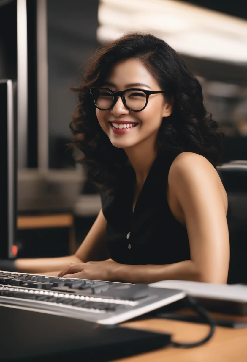 titles「Ms. Murakami」Movie Noposter、Dark-skinned Japan Man、wearing black glasses、A dark-haired、Sitting in front of computer and laughing、A smile that looks good personality、Happy atmosphere